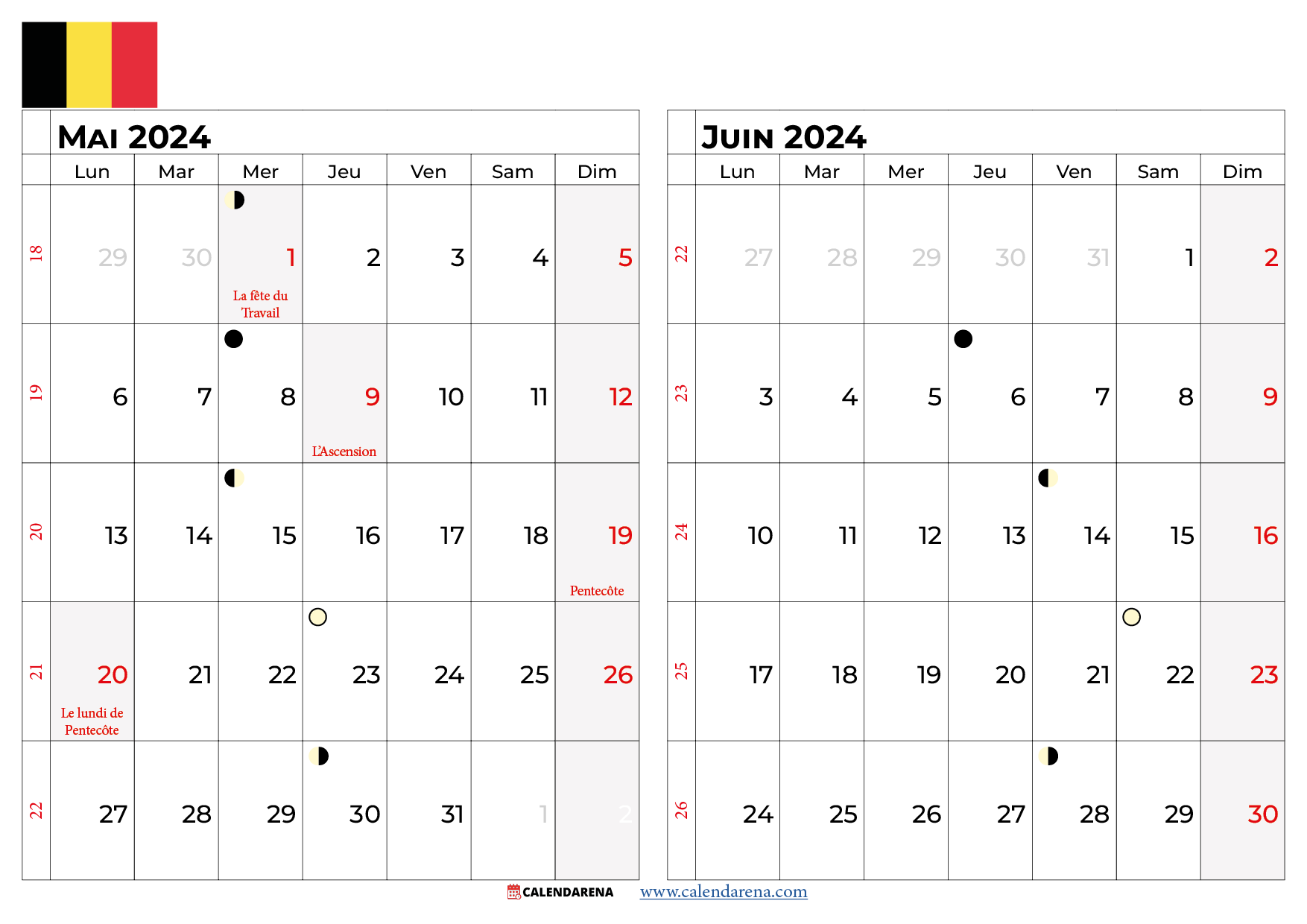 calendrier mai juin 2024 Belgique