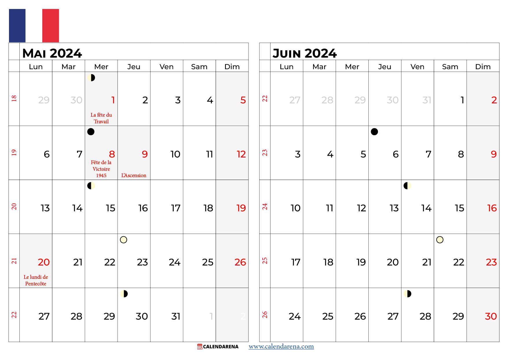 calendrier mai juin 2024 France