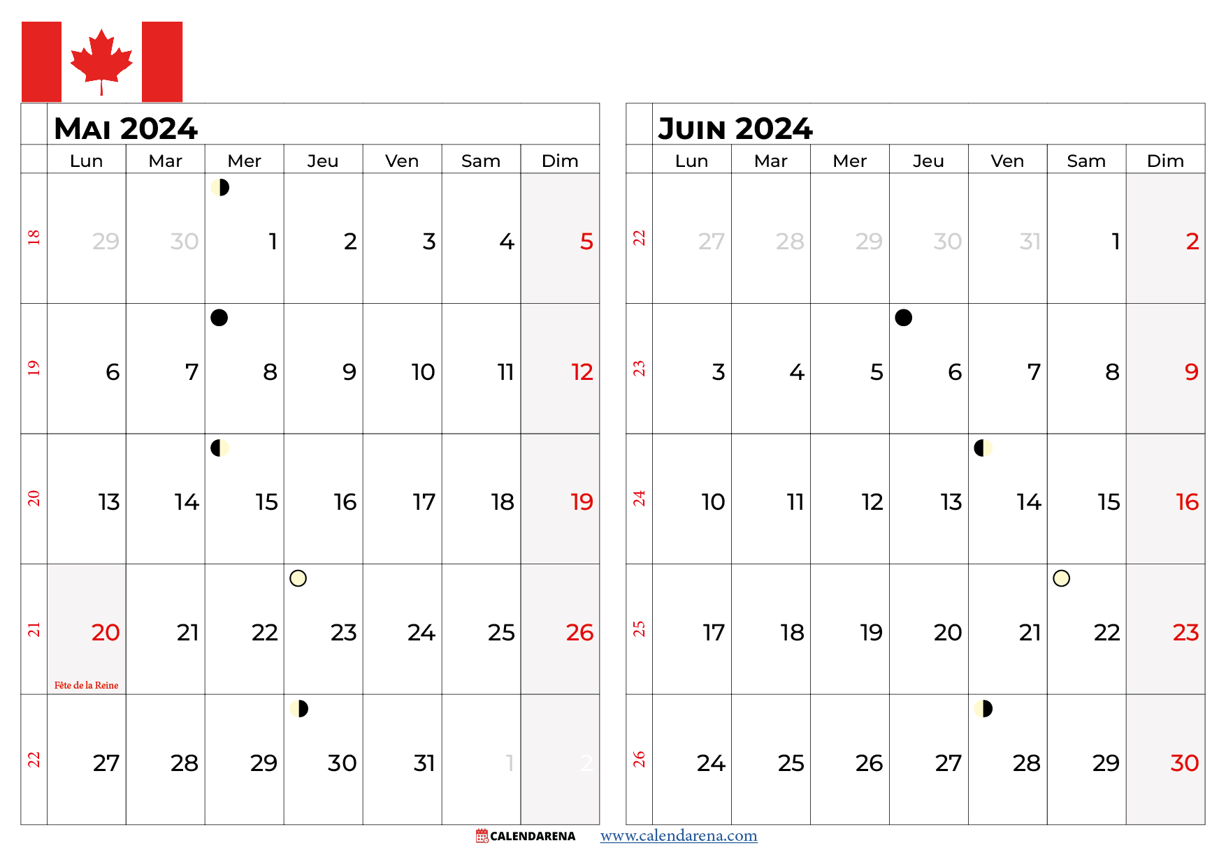 calendrier mai juin 2024 québec