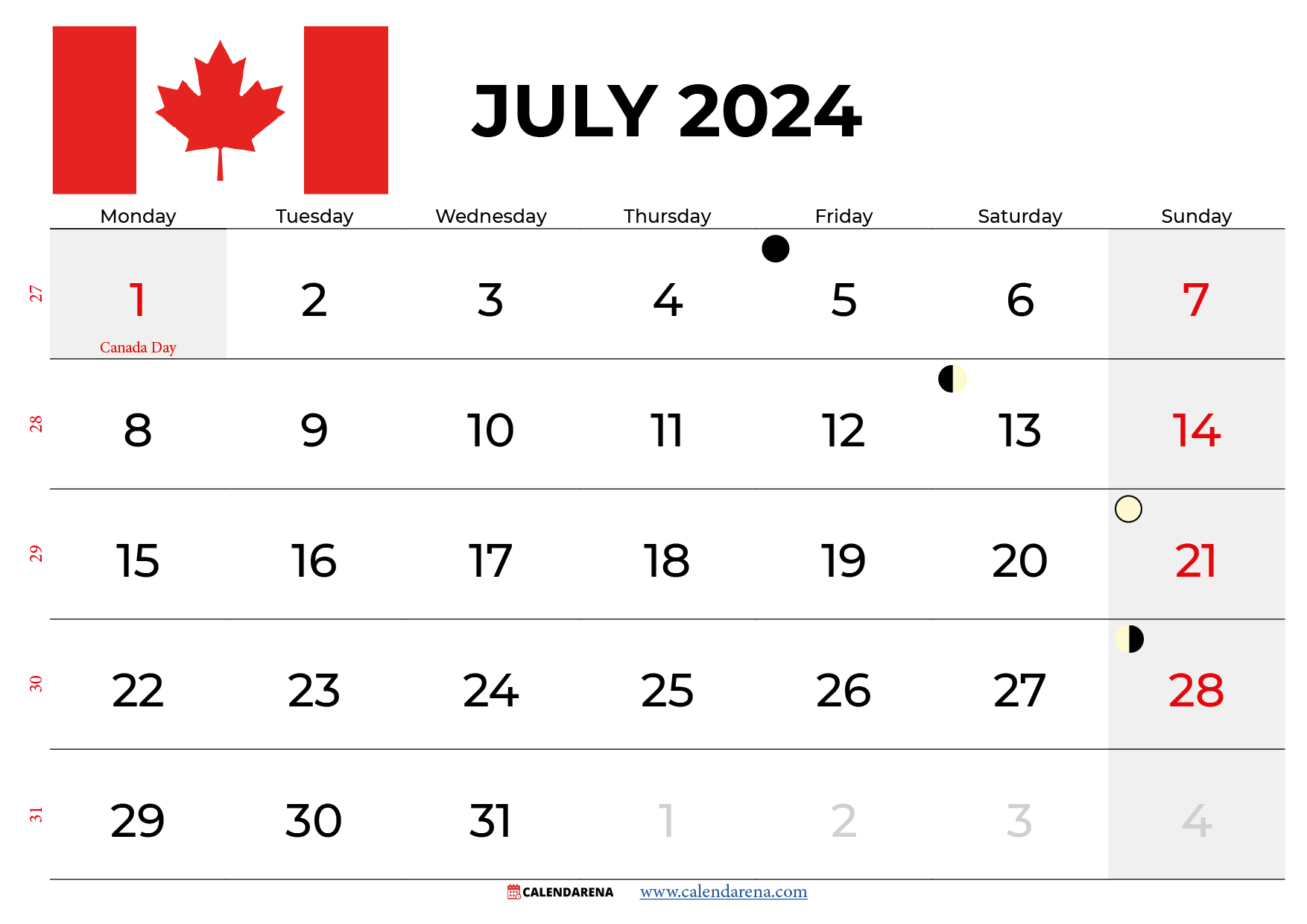 july 2024 calendar Canada