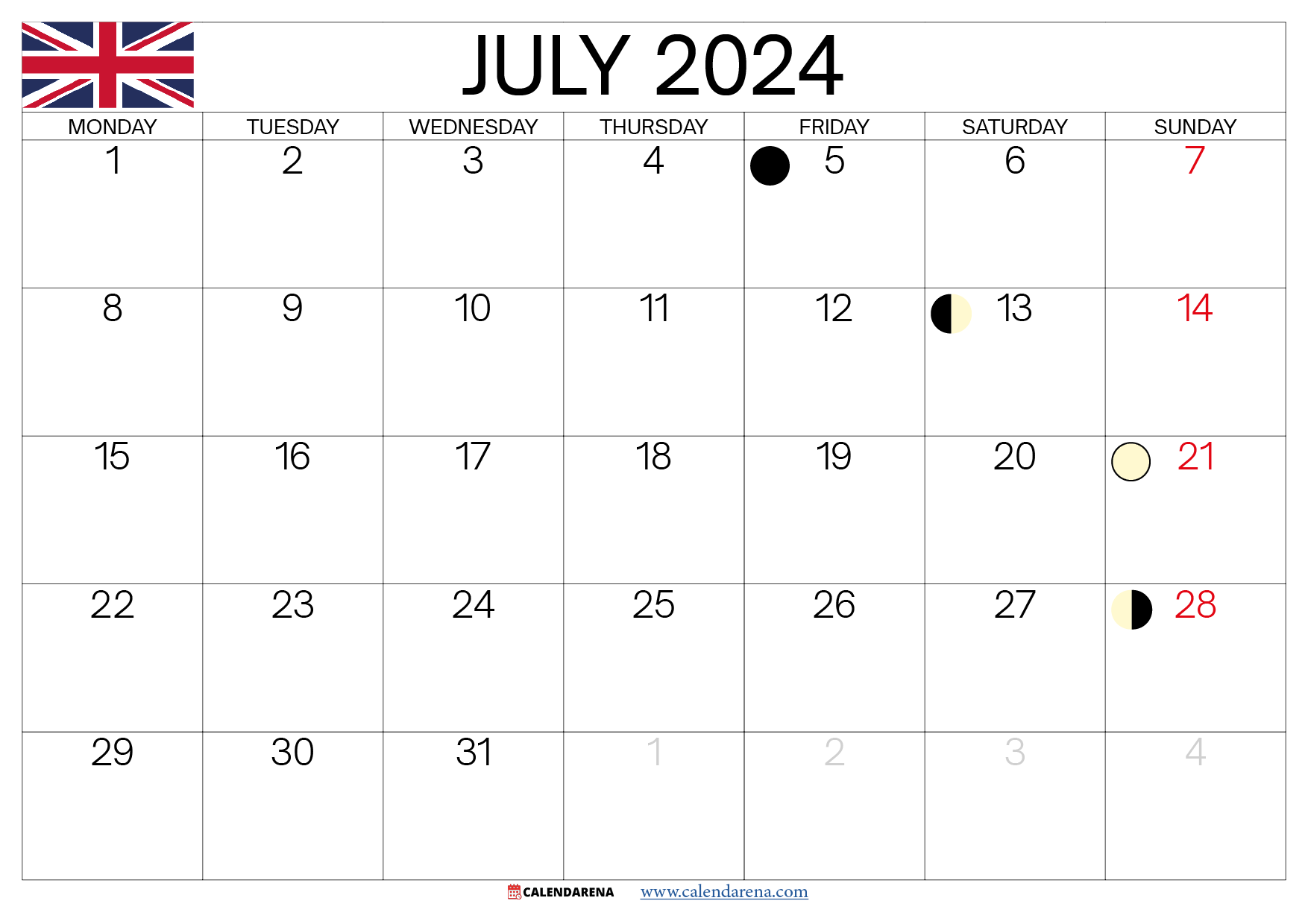 july 2024 calendar UK