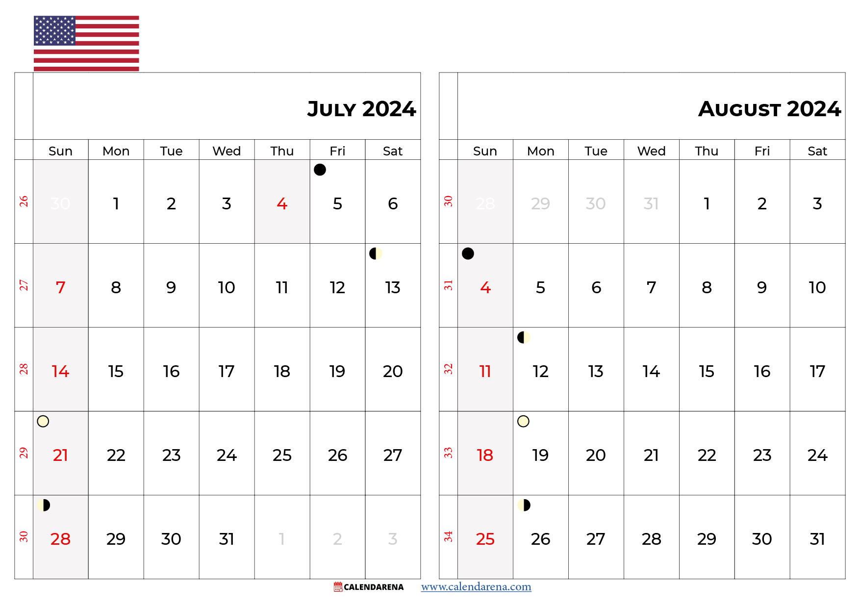 july and august 2024 calendar USA