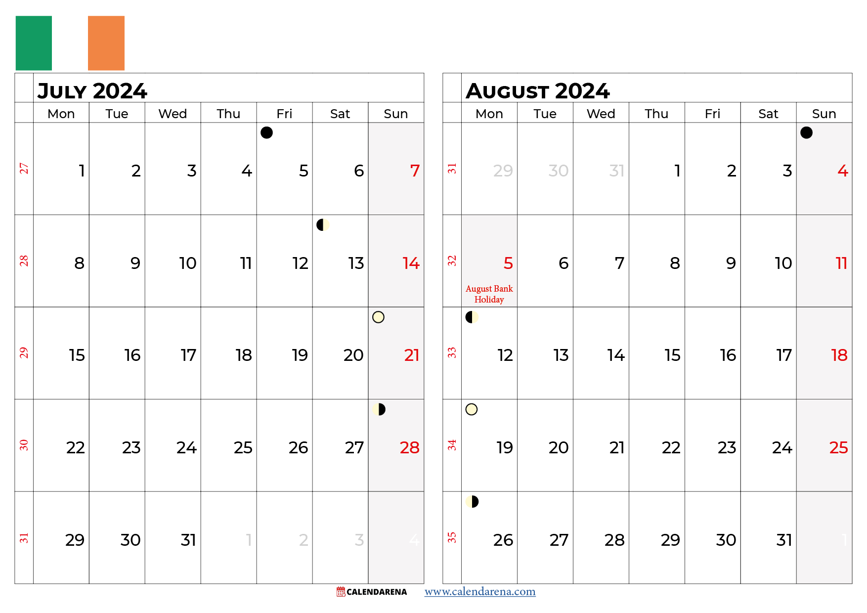 july and august 2024 calendar ireland