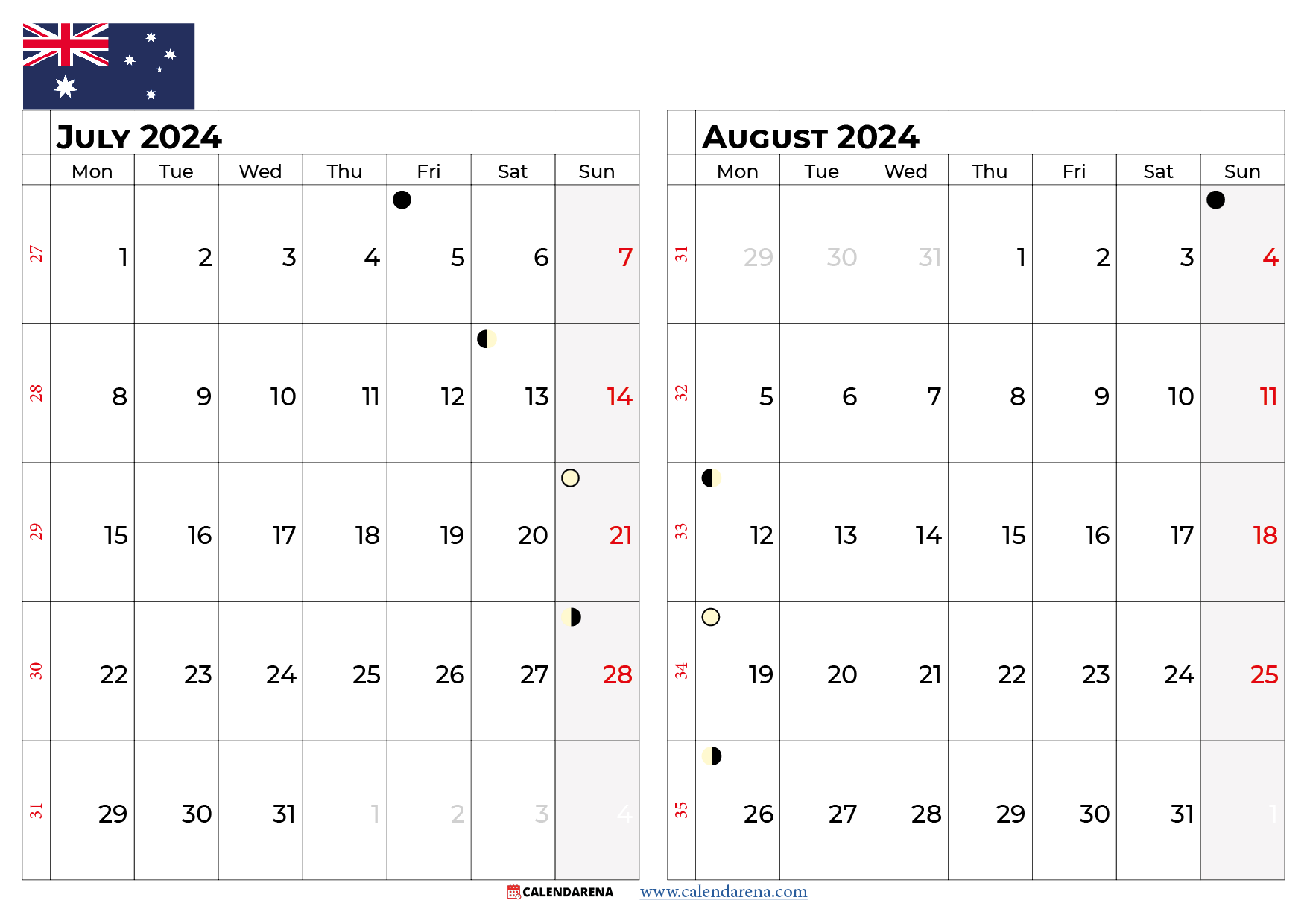 july august 2024 calendar Australia