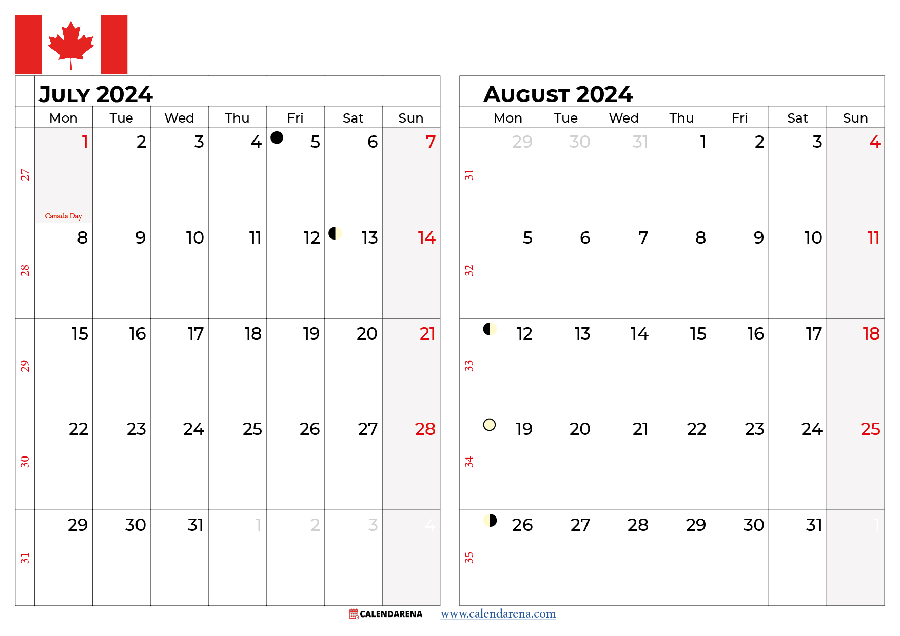 july august 2024 calendar Canada