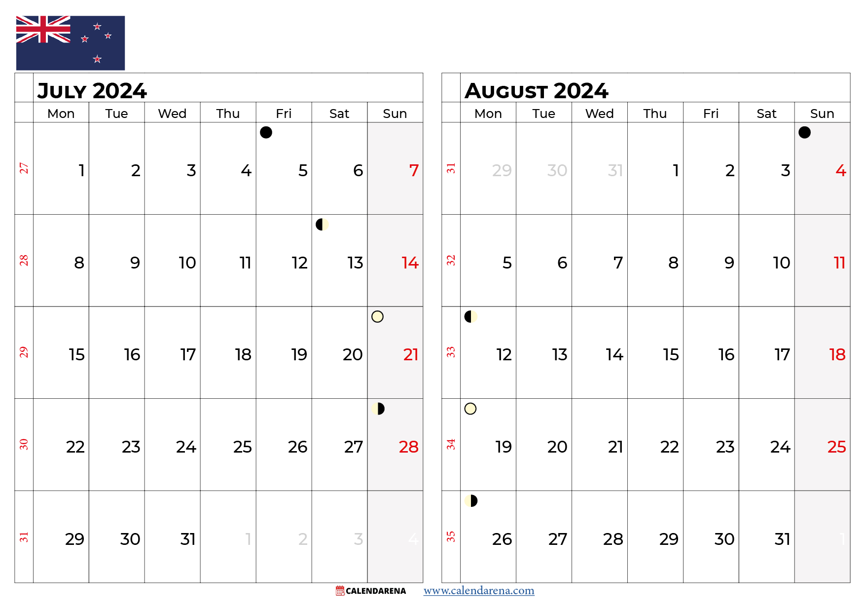 july august 2024 calendar NZ