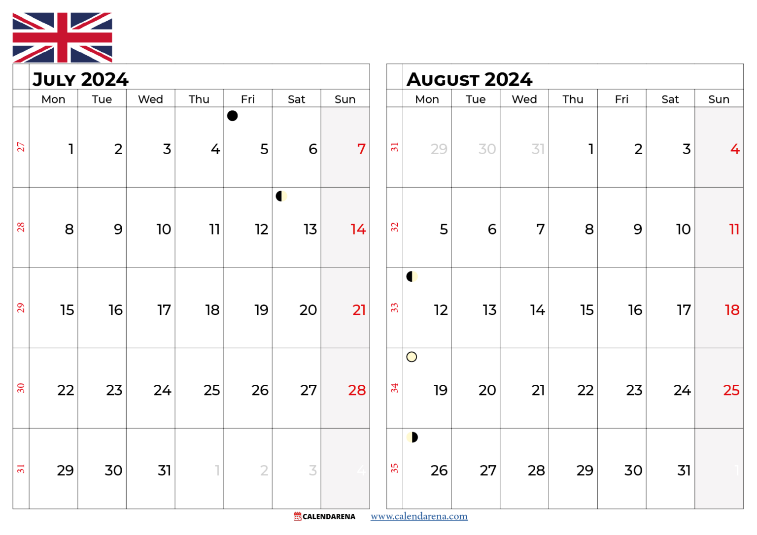 July Calendar 2024 UK