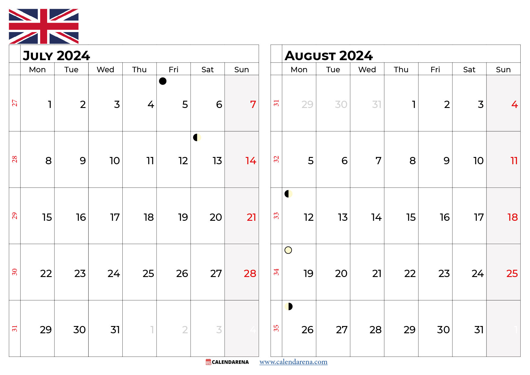 july august 2024 calendar UK