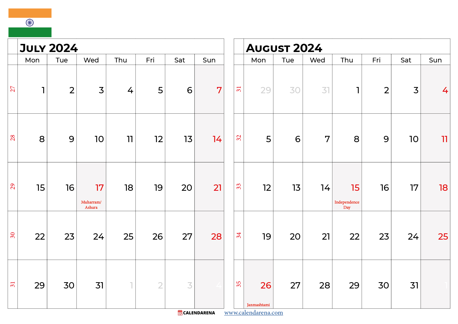 july august 2024 calendar india