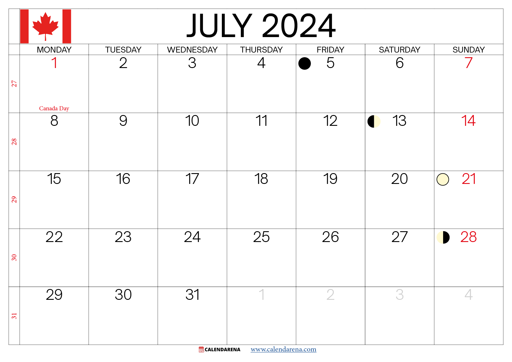 july calendar 2024 Canada