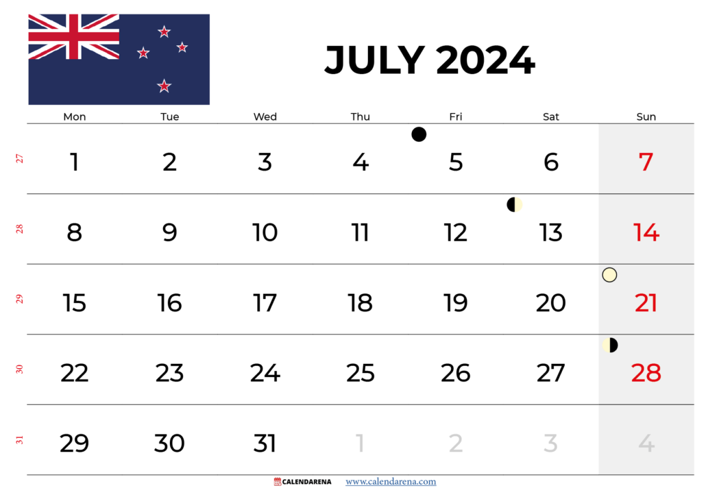 july calendar 2024 NZ