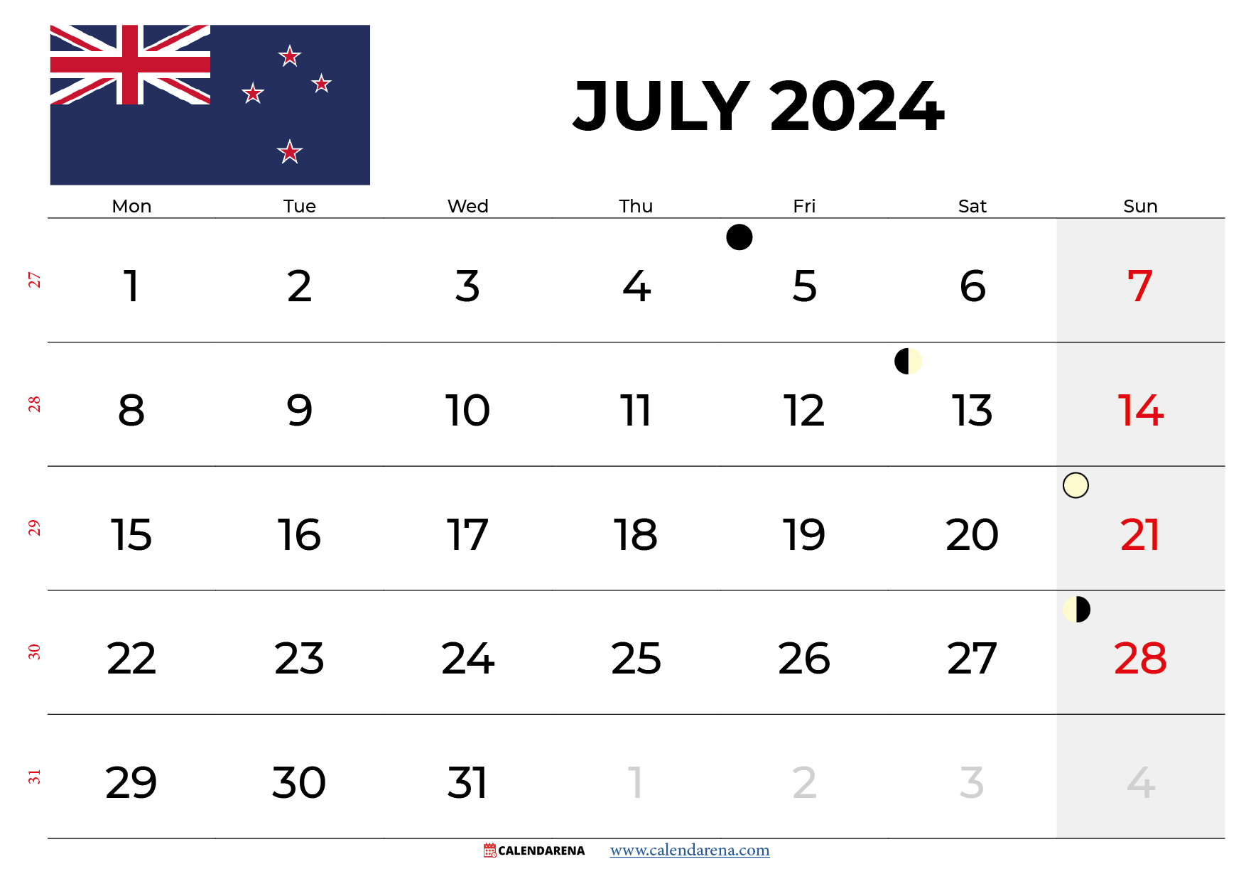 july calendar 2024 NZ
