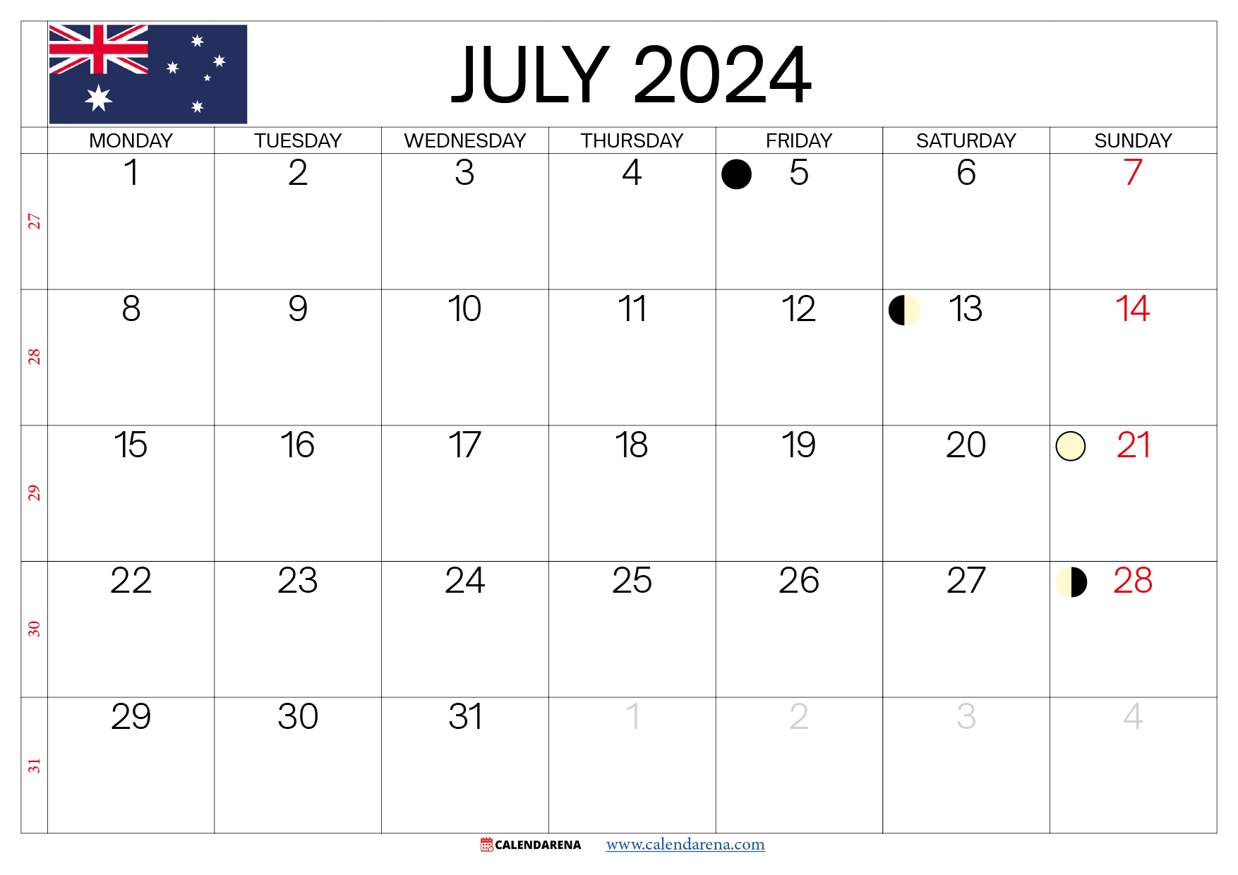 july calendar 2024 printable Australia