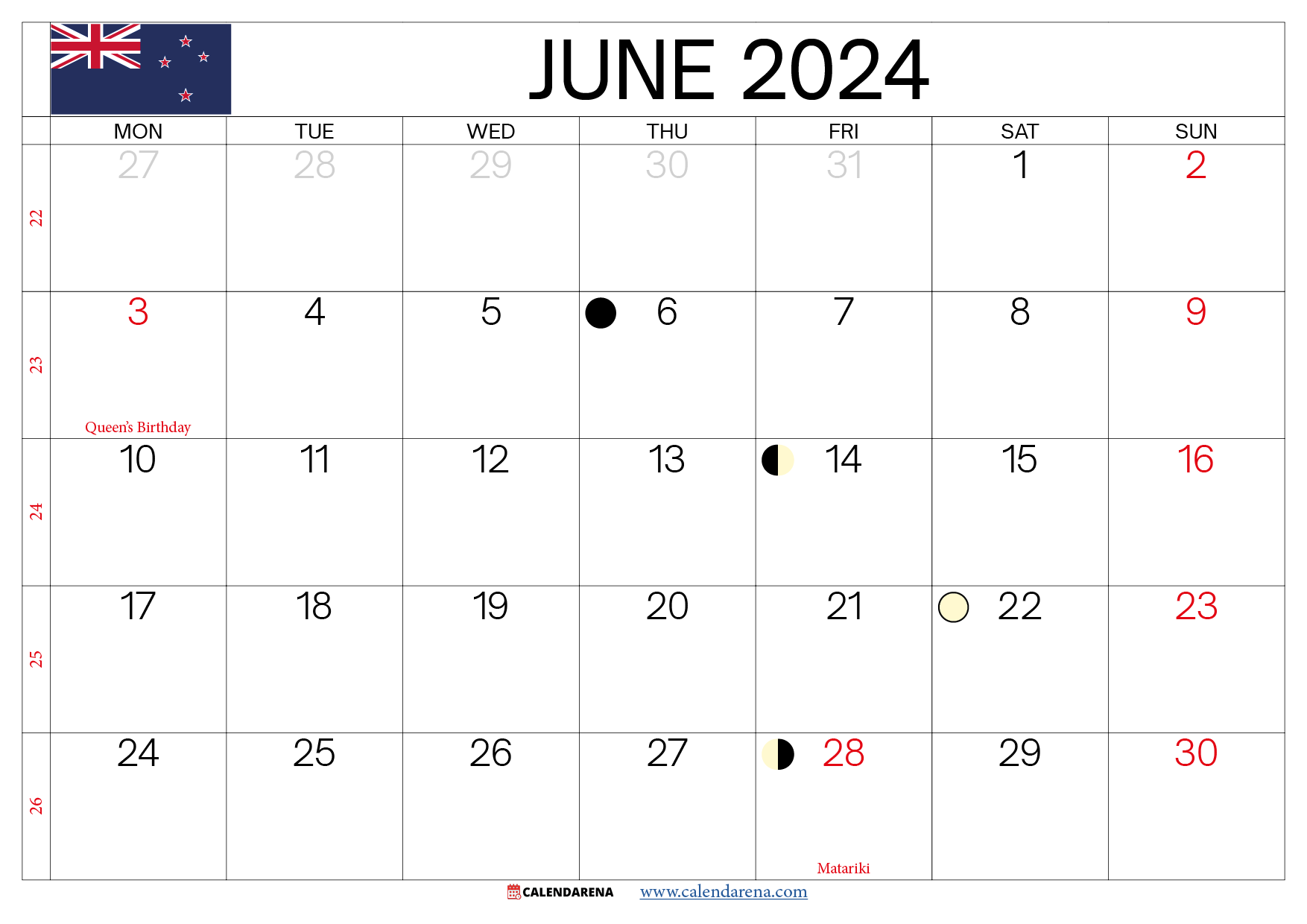 june 2024 calendar printable NZ