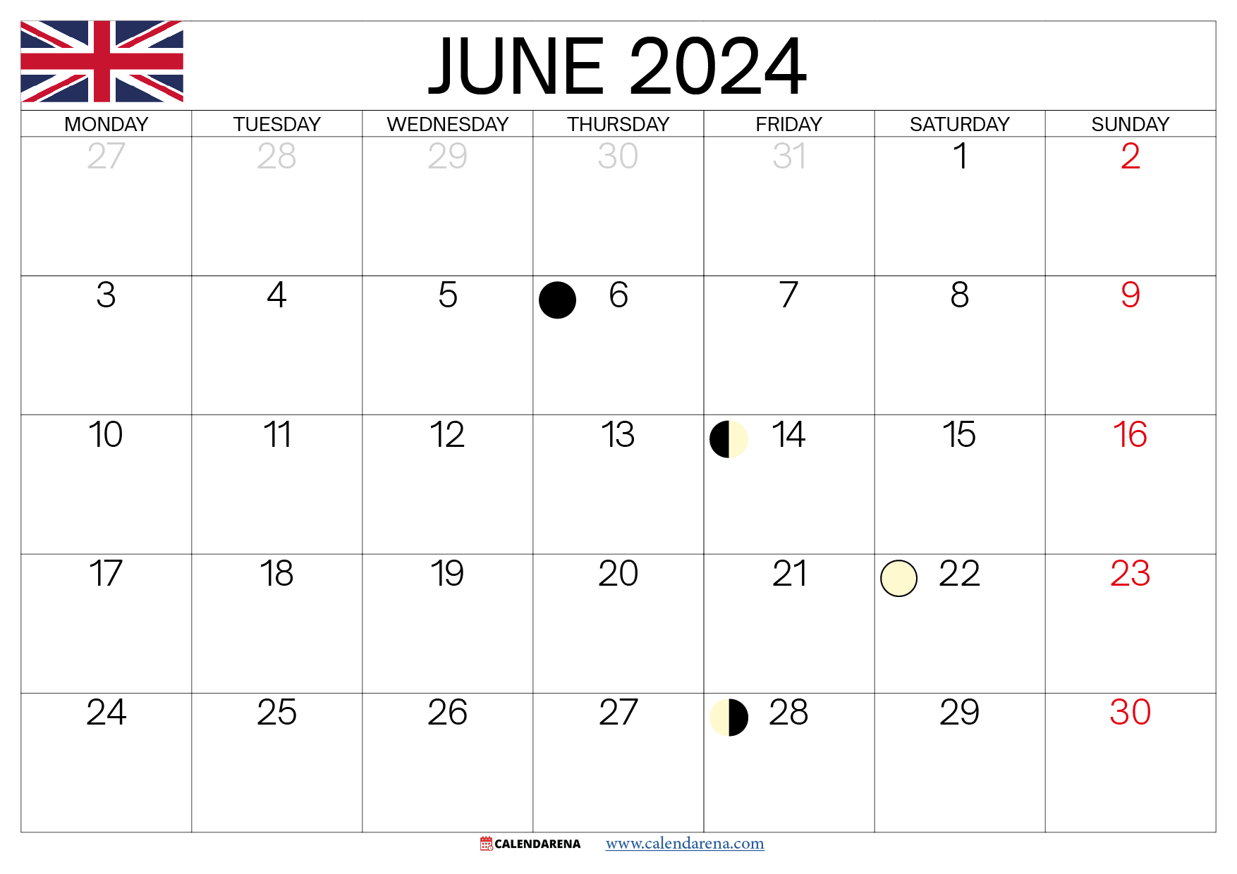 june 2024 calendar printable UK