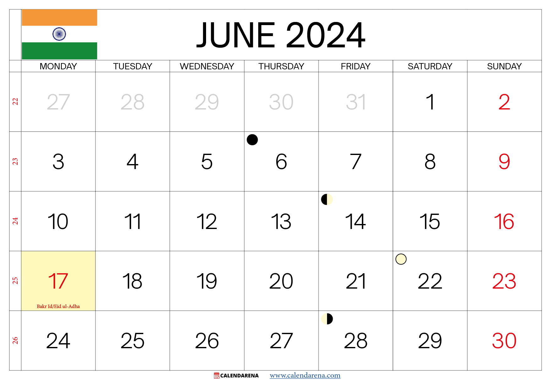 june 2024 calendar printable india