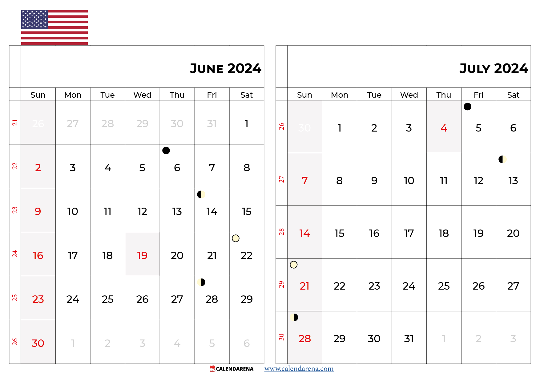 june july 2024 calendar USA