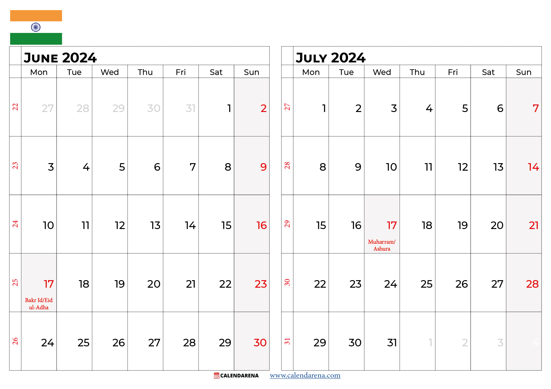 june july 2024 calendar india