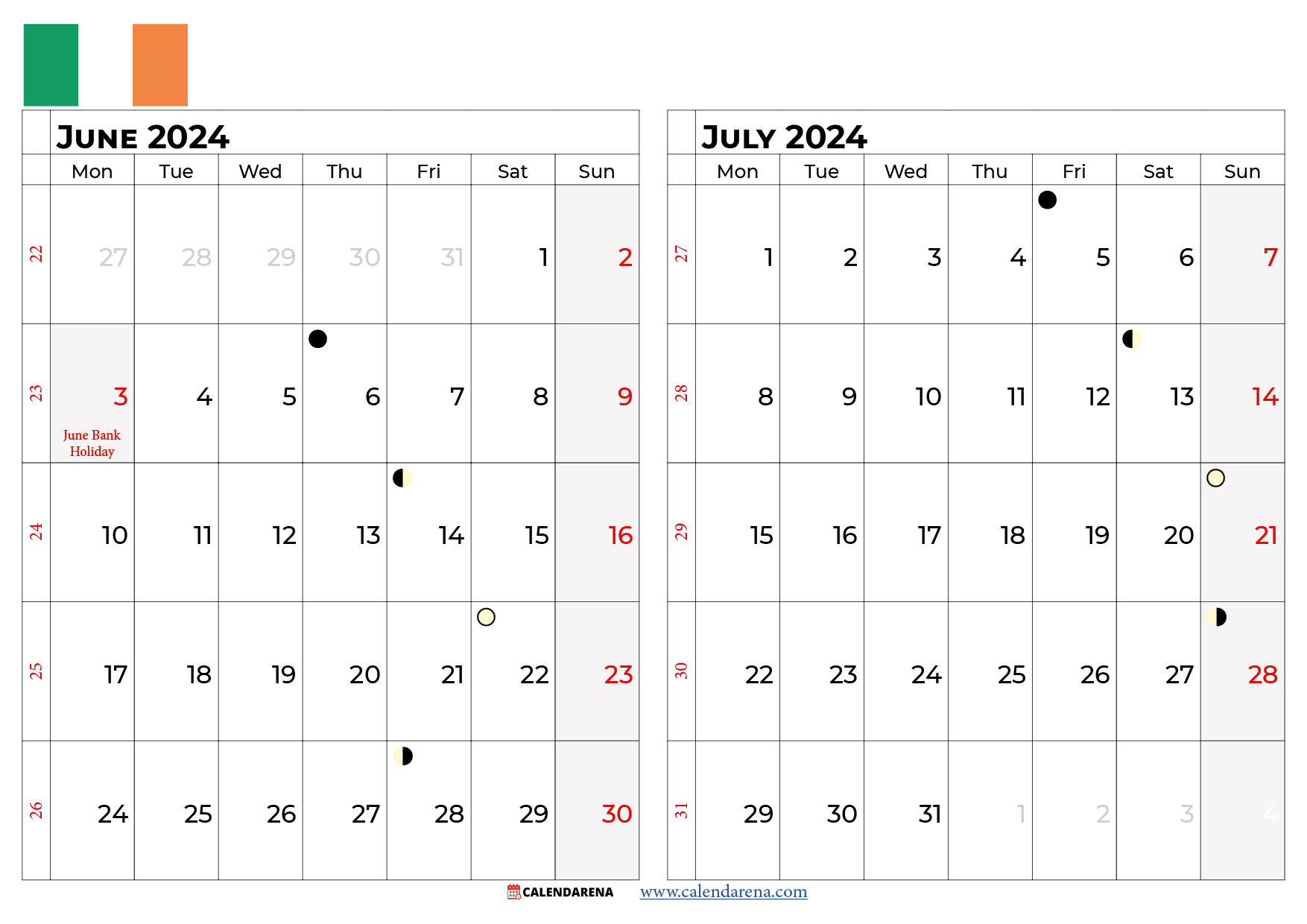 june july 2024 calendar ireland