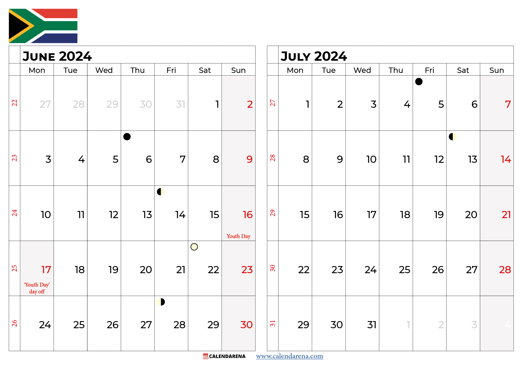 june july 2024 calendar south africa
