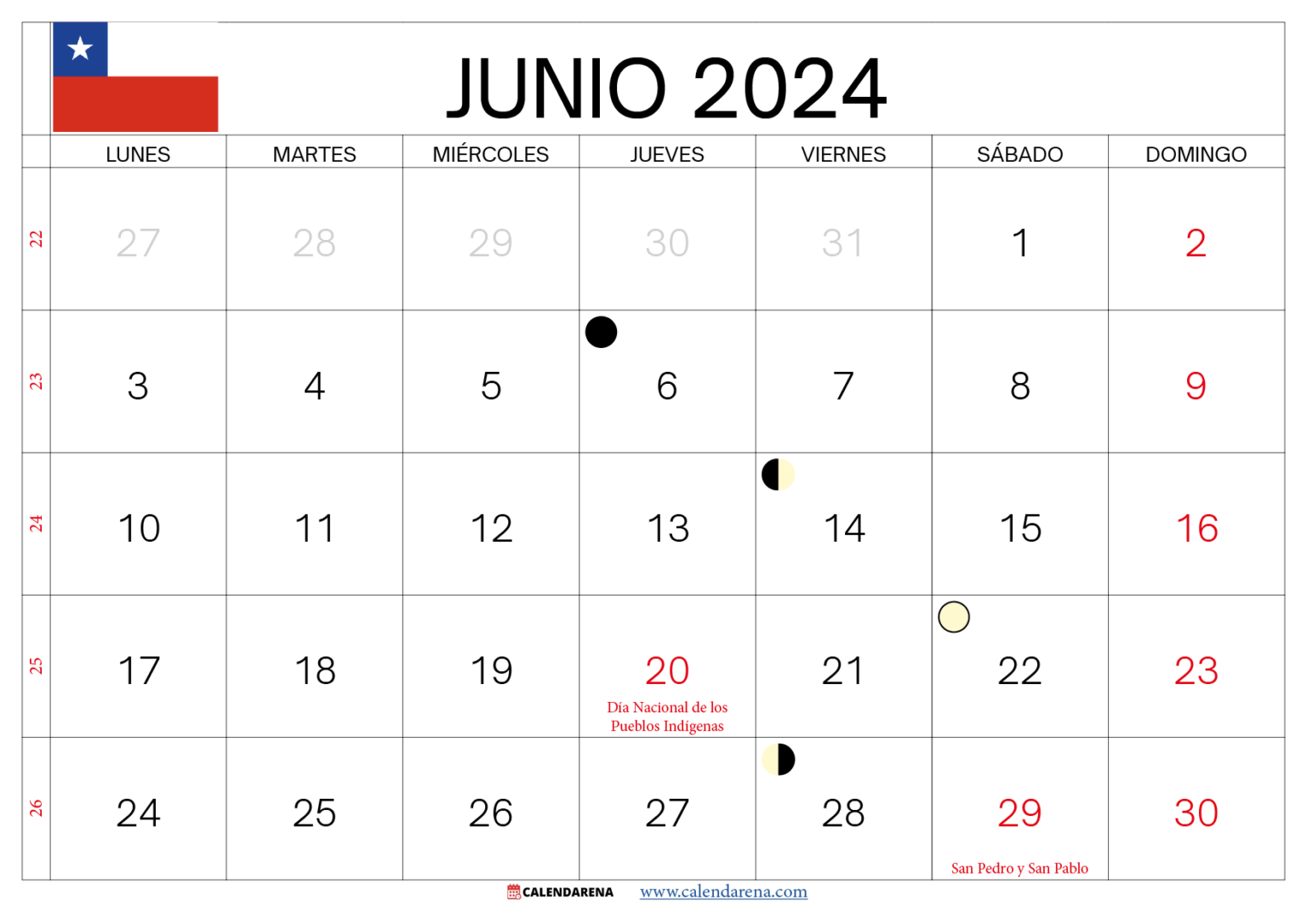 Calendario Junio 2024 Chile Para Imprimir