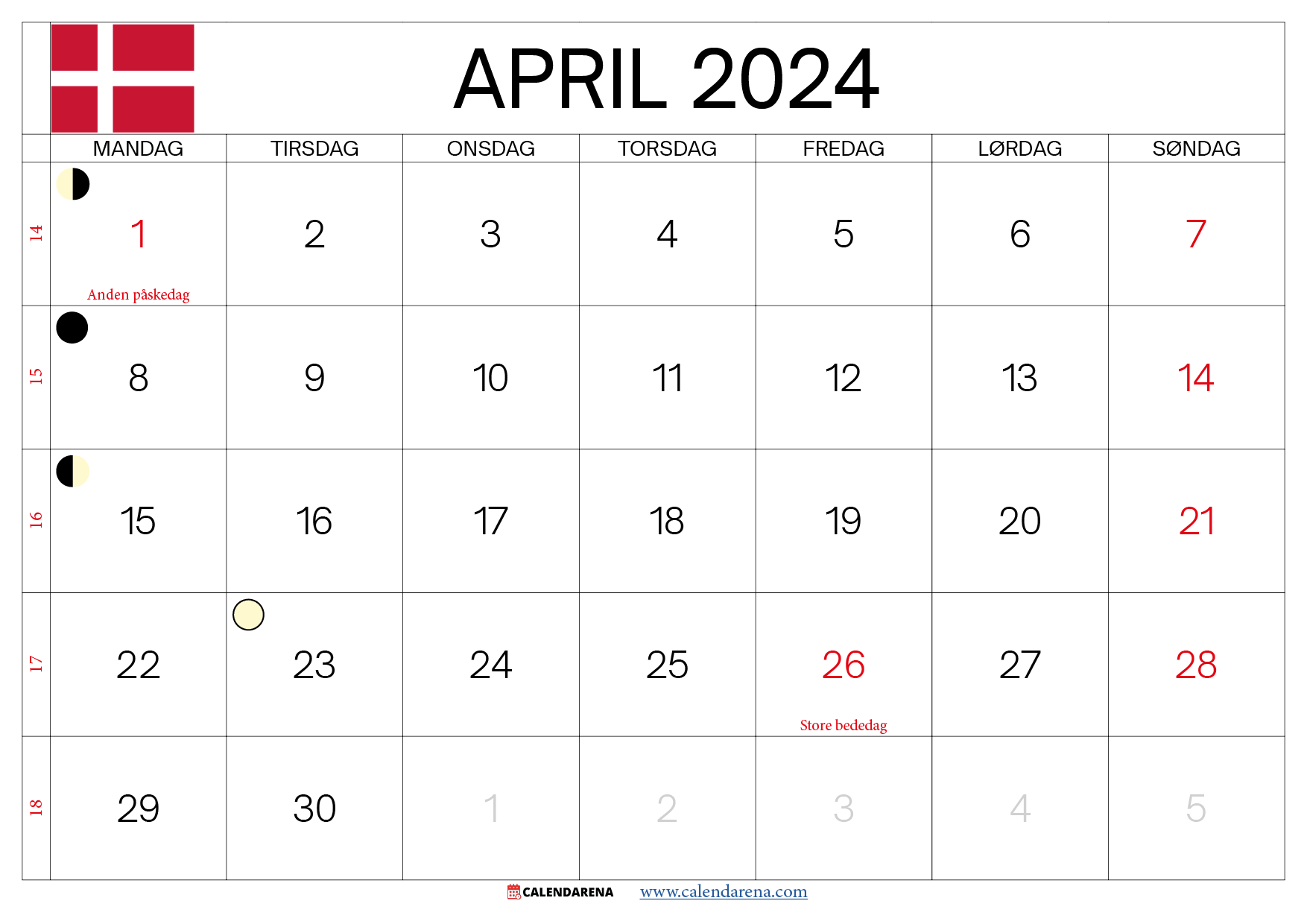 kalender april 2024 Danmark