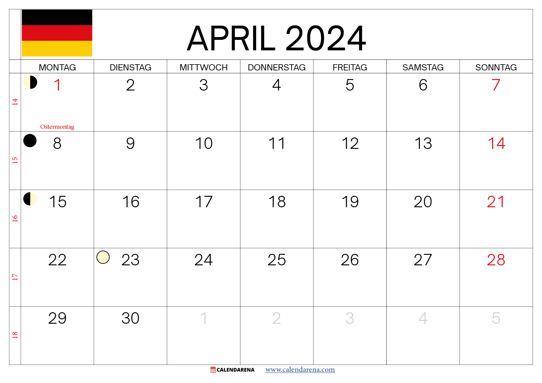 kalender april 2024 mit feiertagen Deutschland