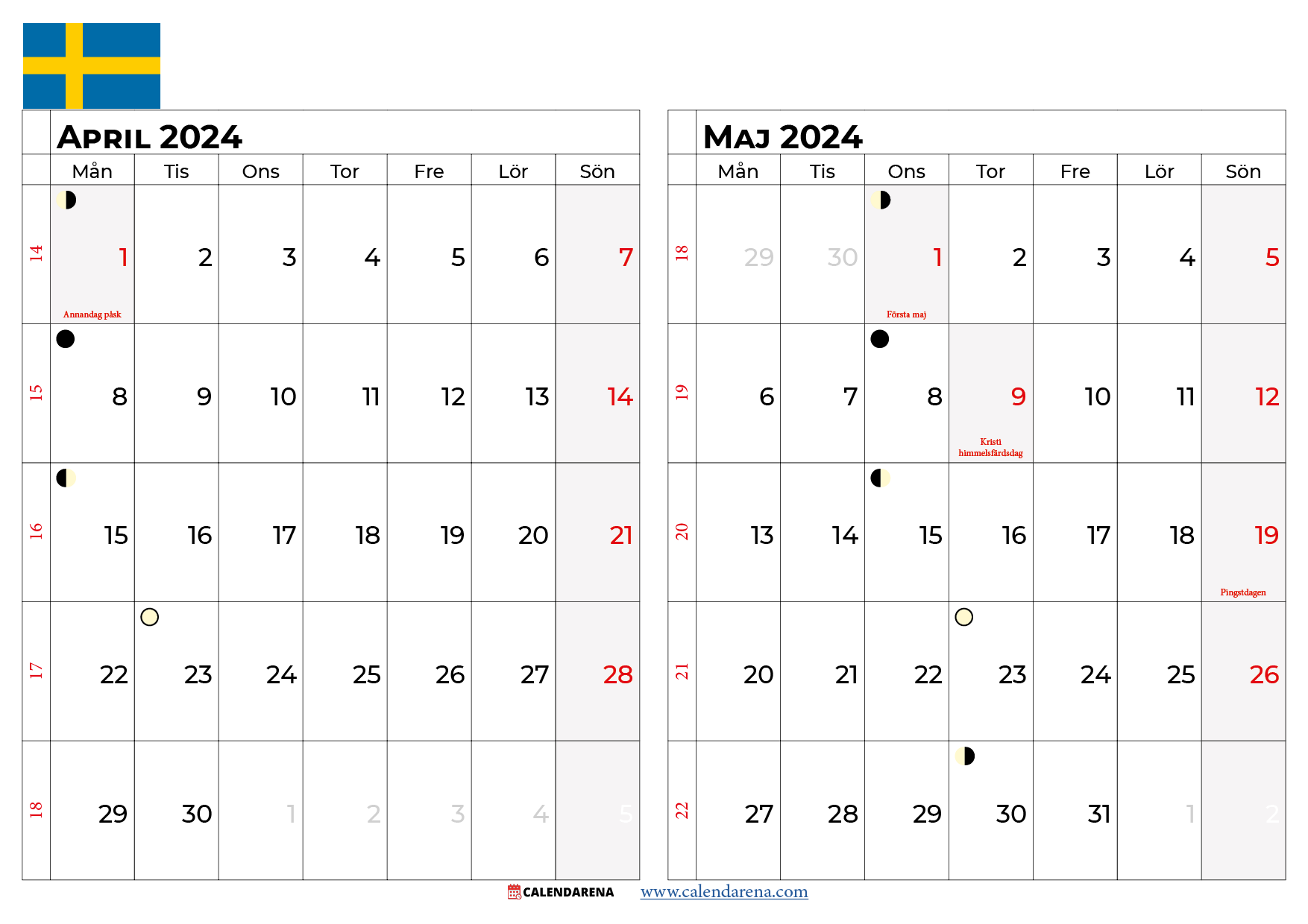 kalender april maj 2024 Sverige