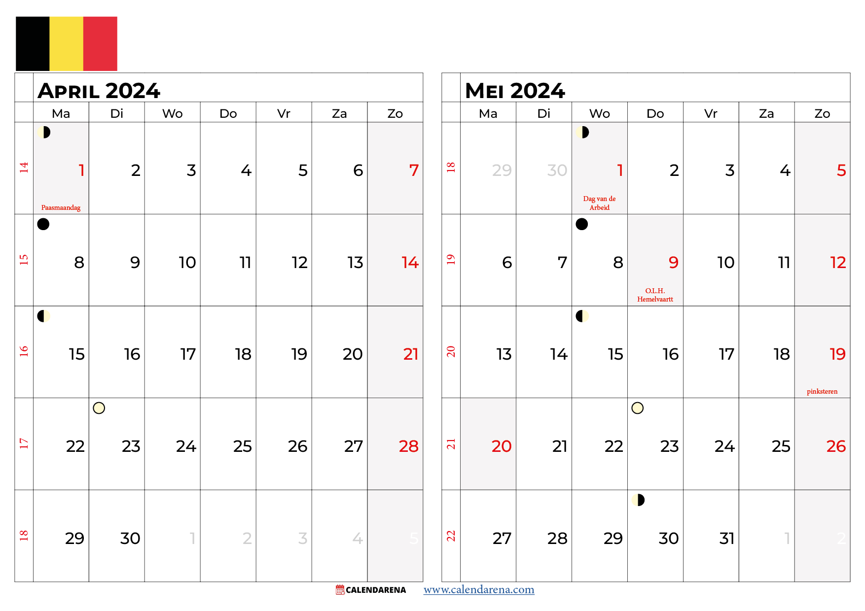 kalender april mei 2024 België