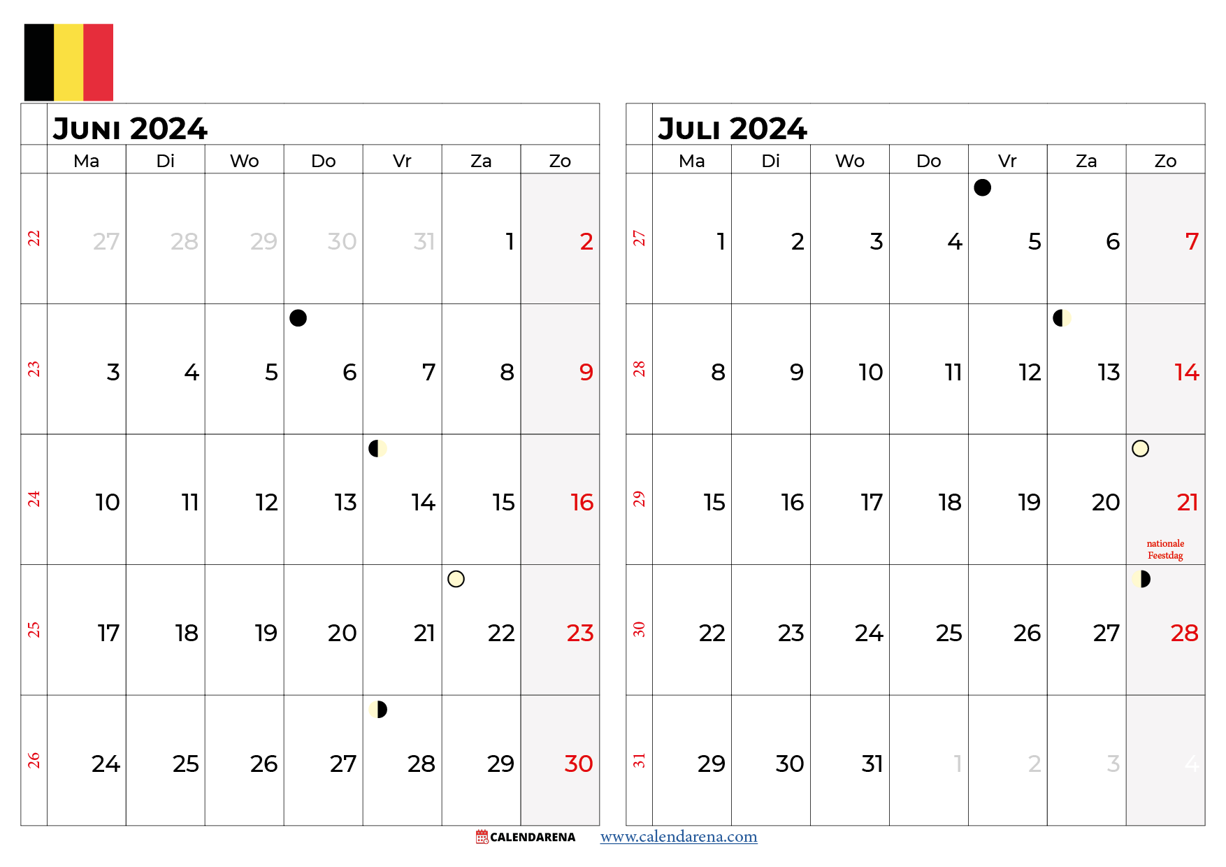 kalender juni juli 2024 België