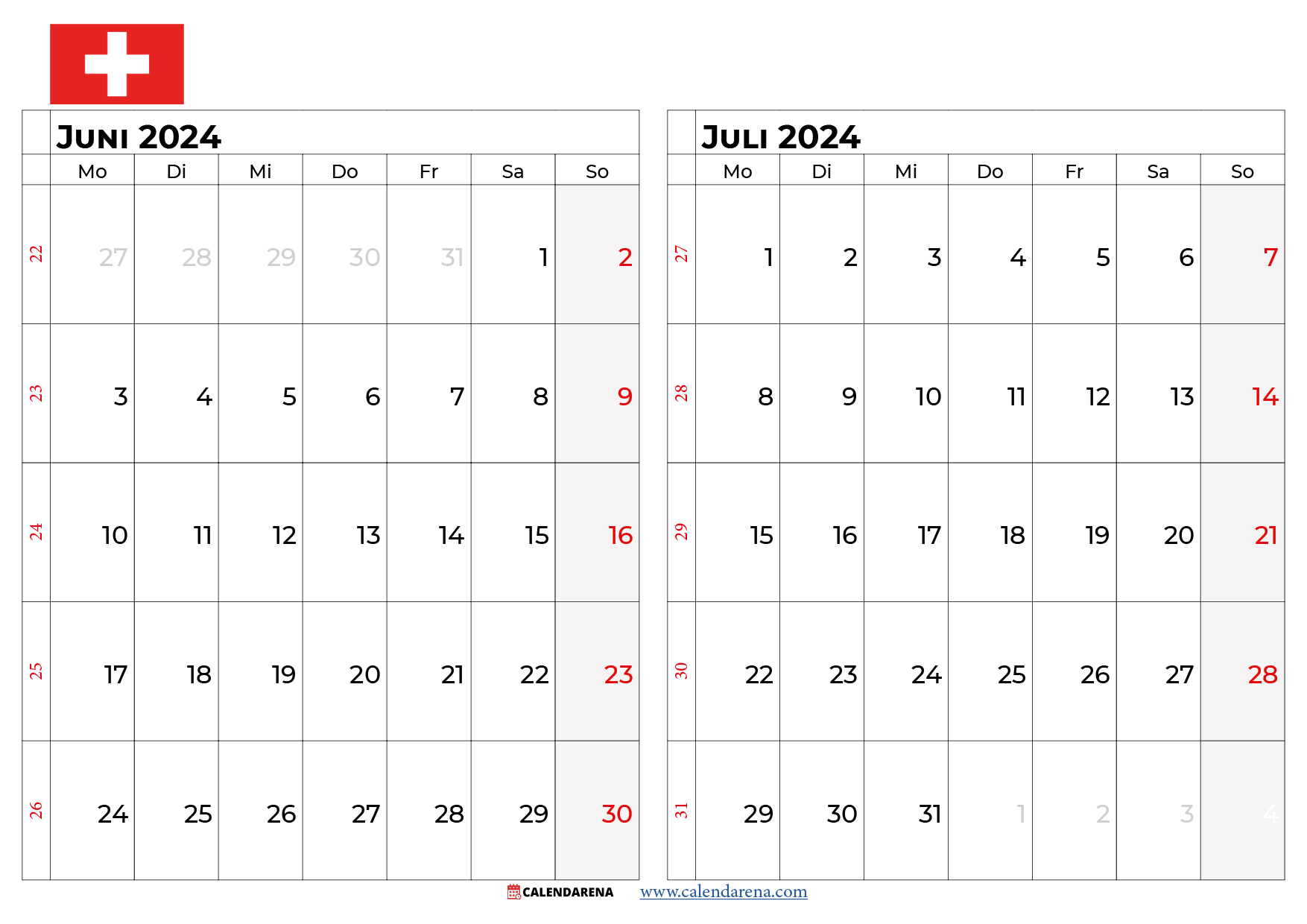 kalender juni juli 2024 Schweiz