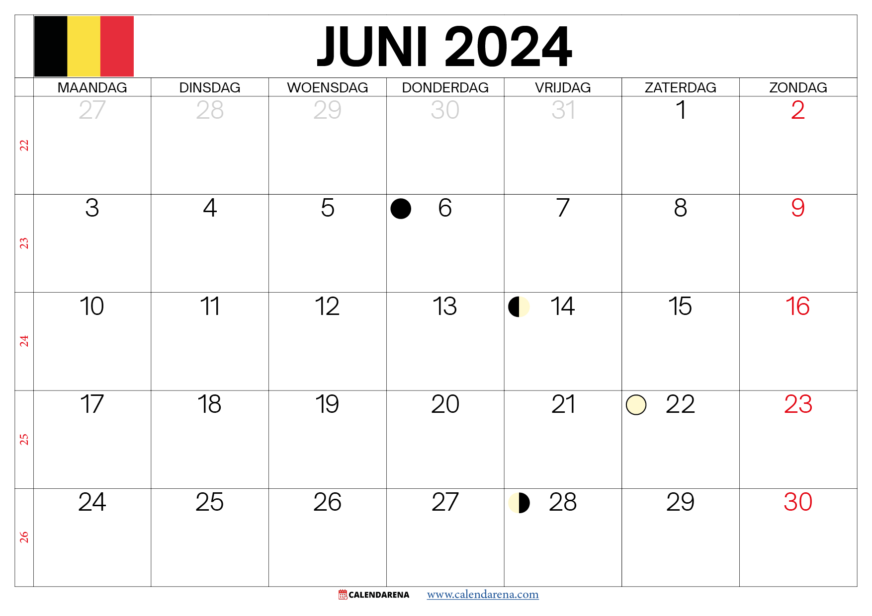 maandkalender juni 2024 België