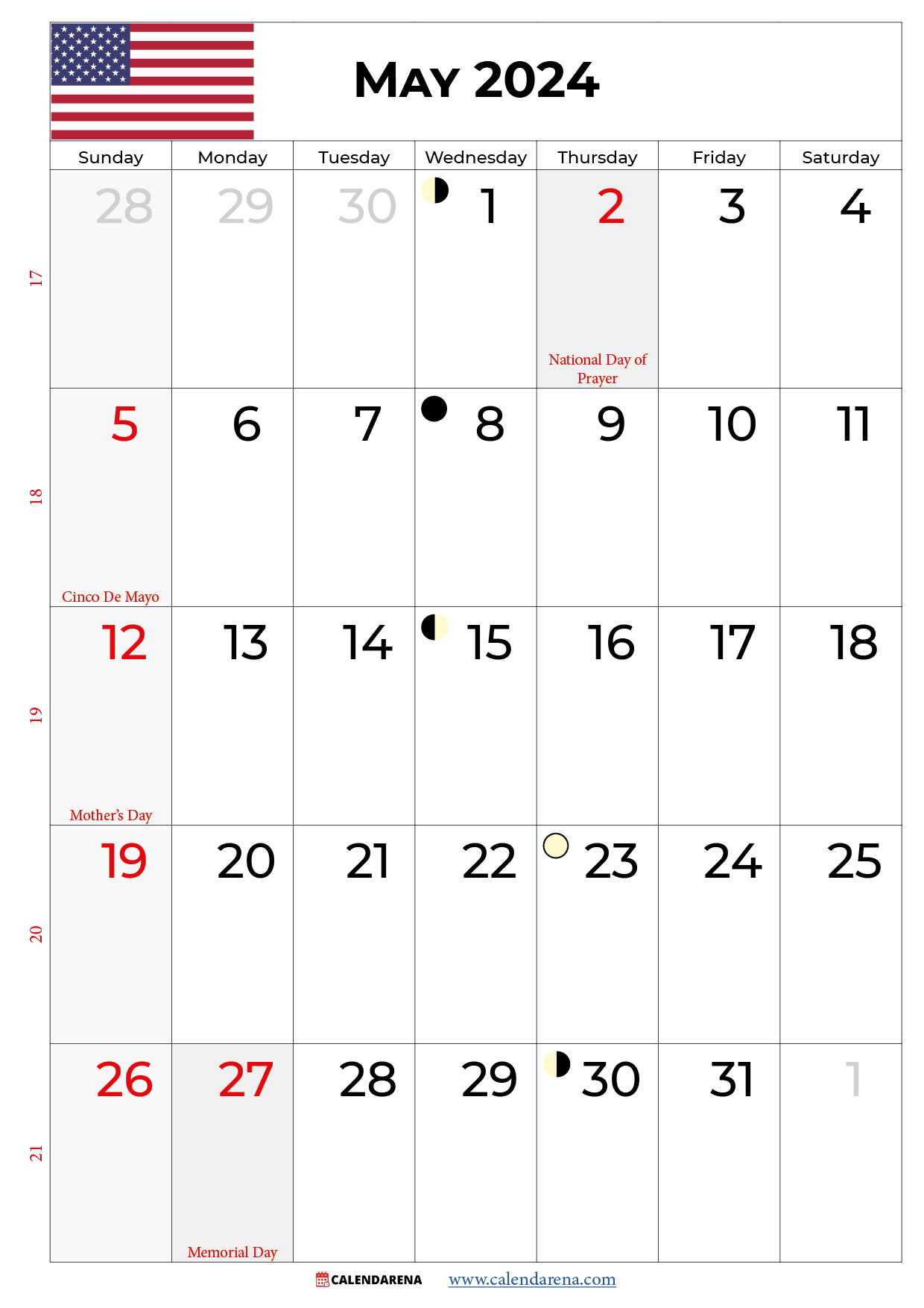 may calendar 2024 with holidays USA