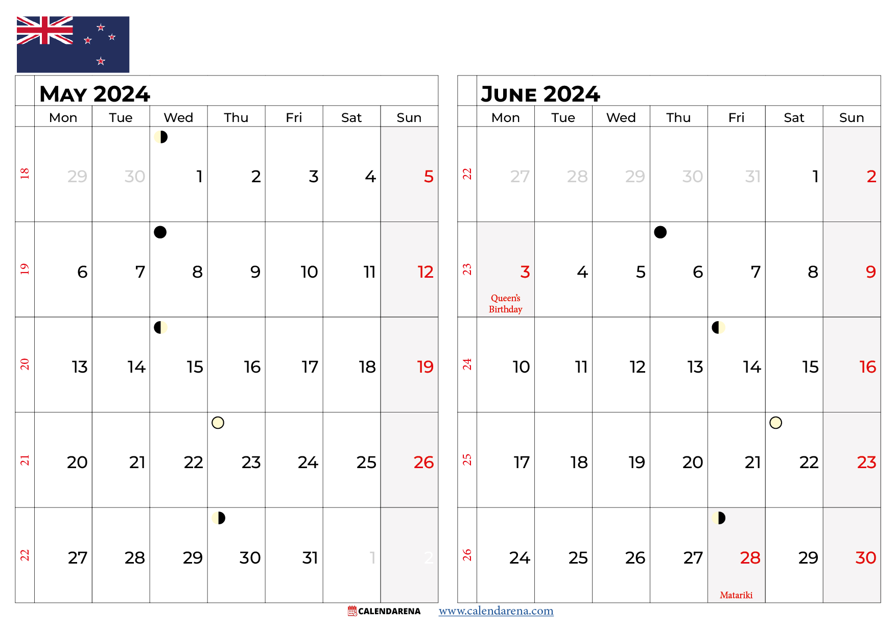 may june 2024 calendar nz