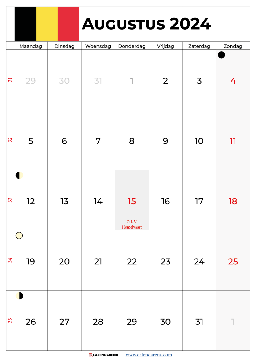 Kalender Augustus 2024 België