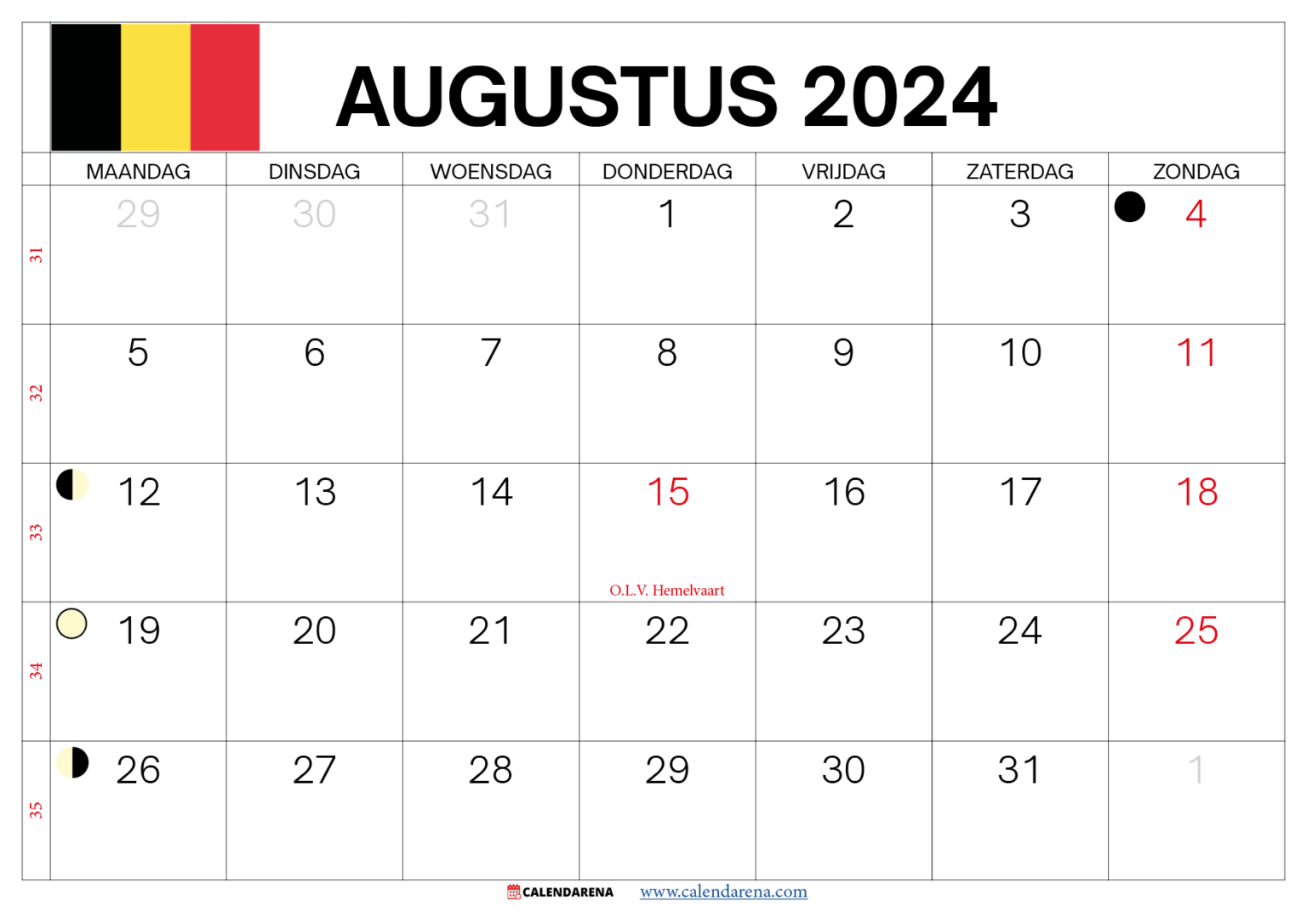 Kalender Augustus 2024 België
