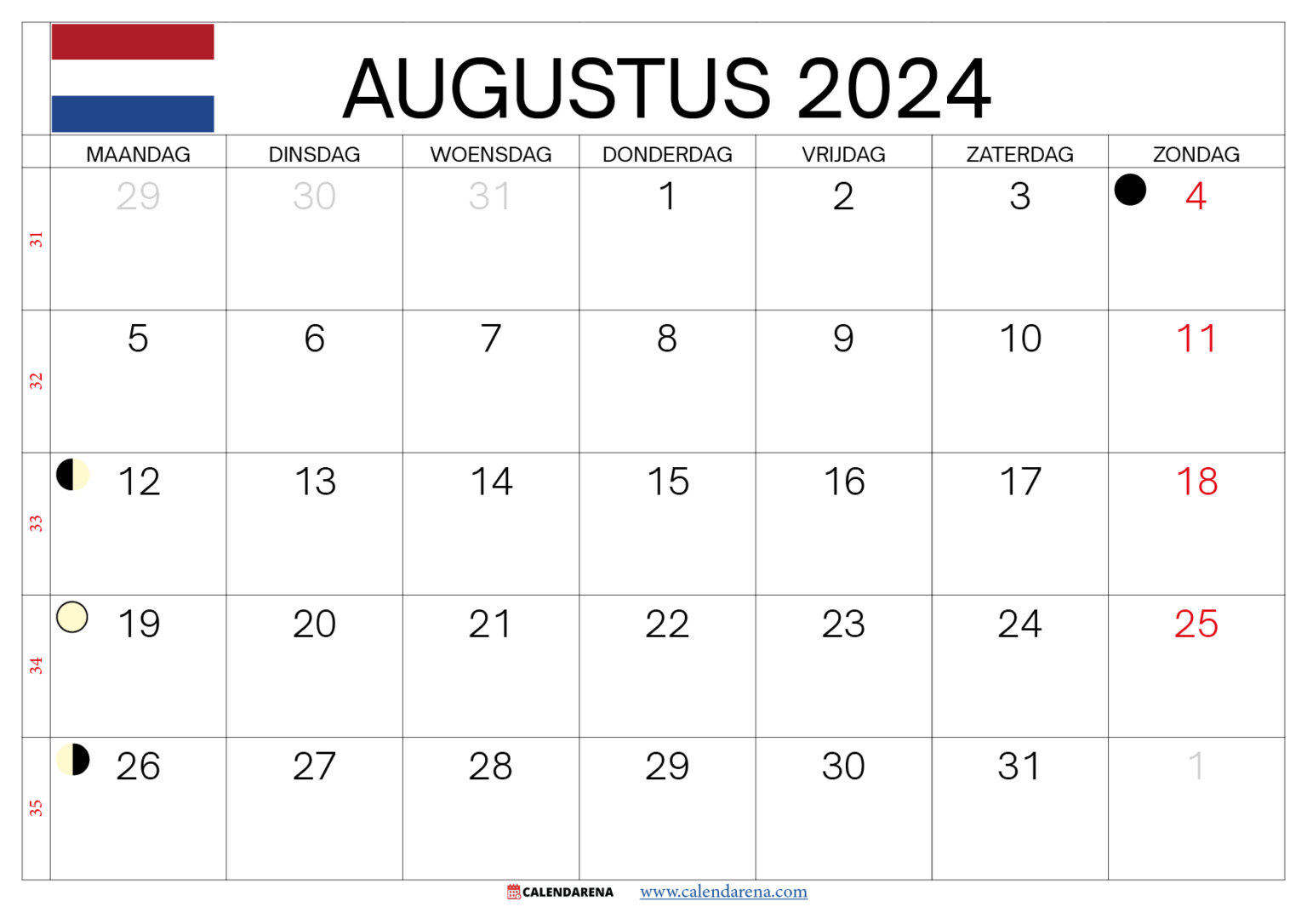 Kalender Augustus 2024 Nederland