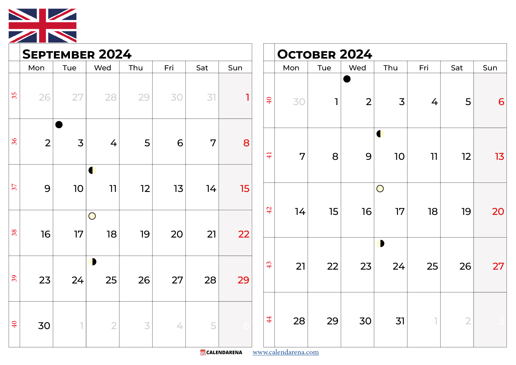 September And October 2024 Calendar Uk