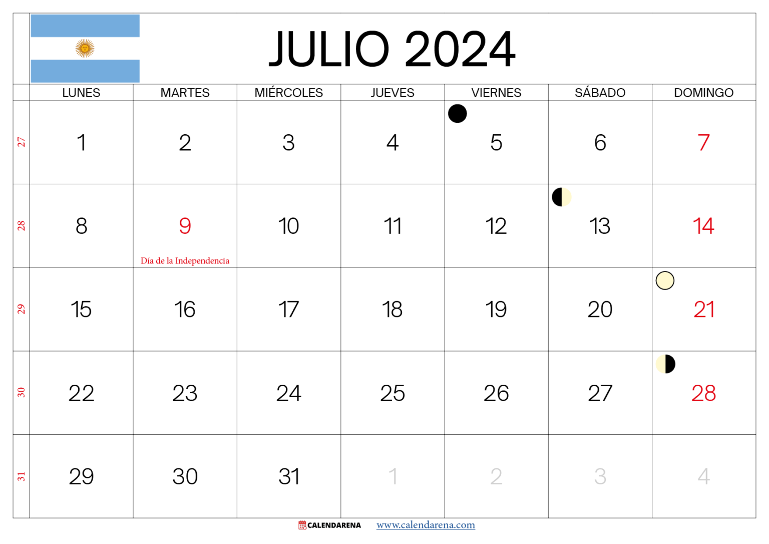 Calendario Julio 2024 Argentina