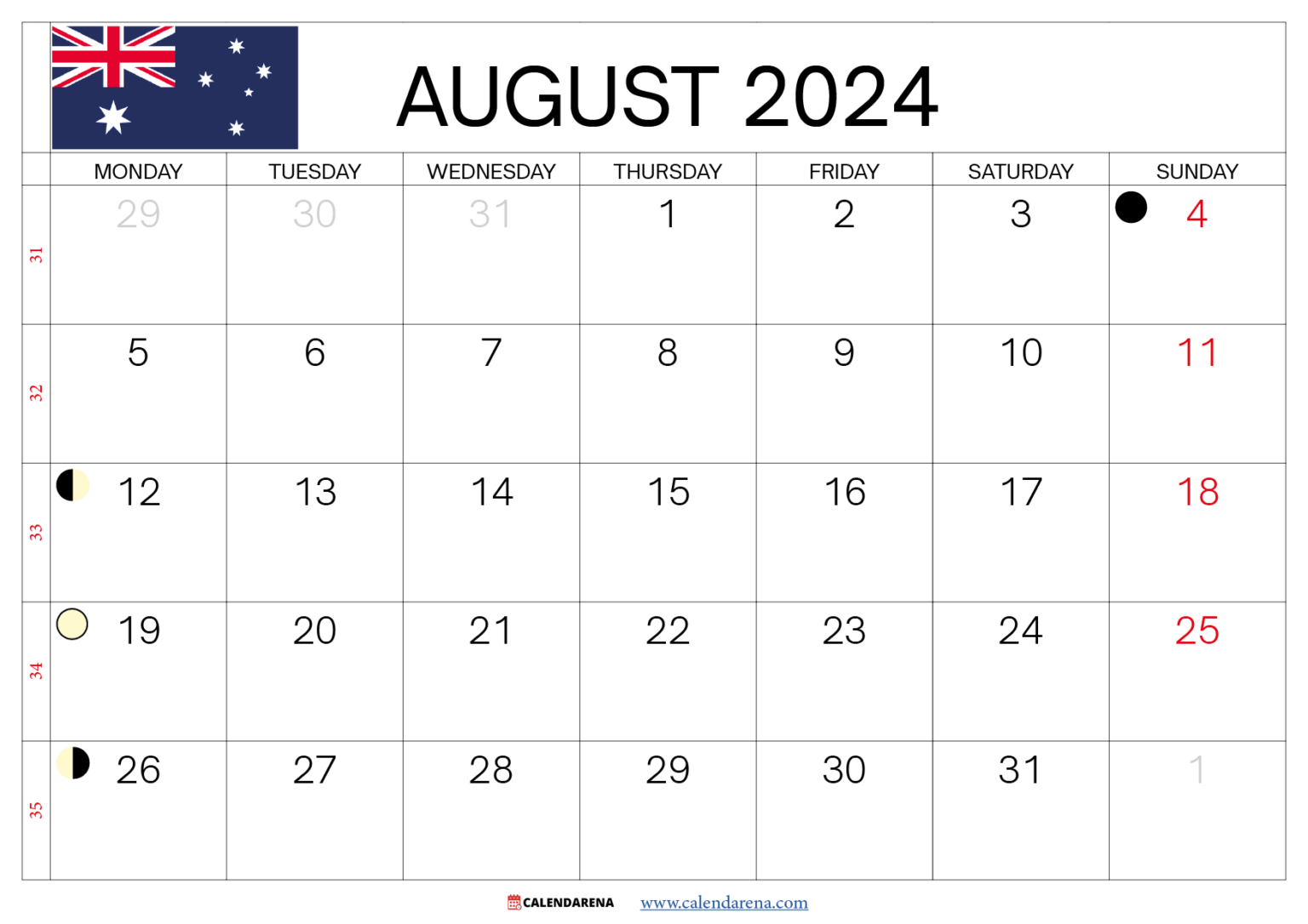 August Calendar 2024 Australia