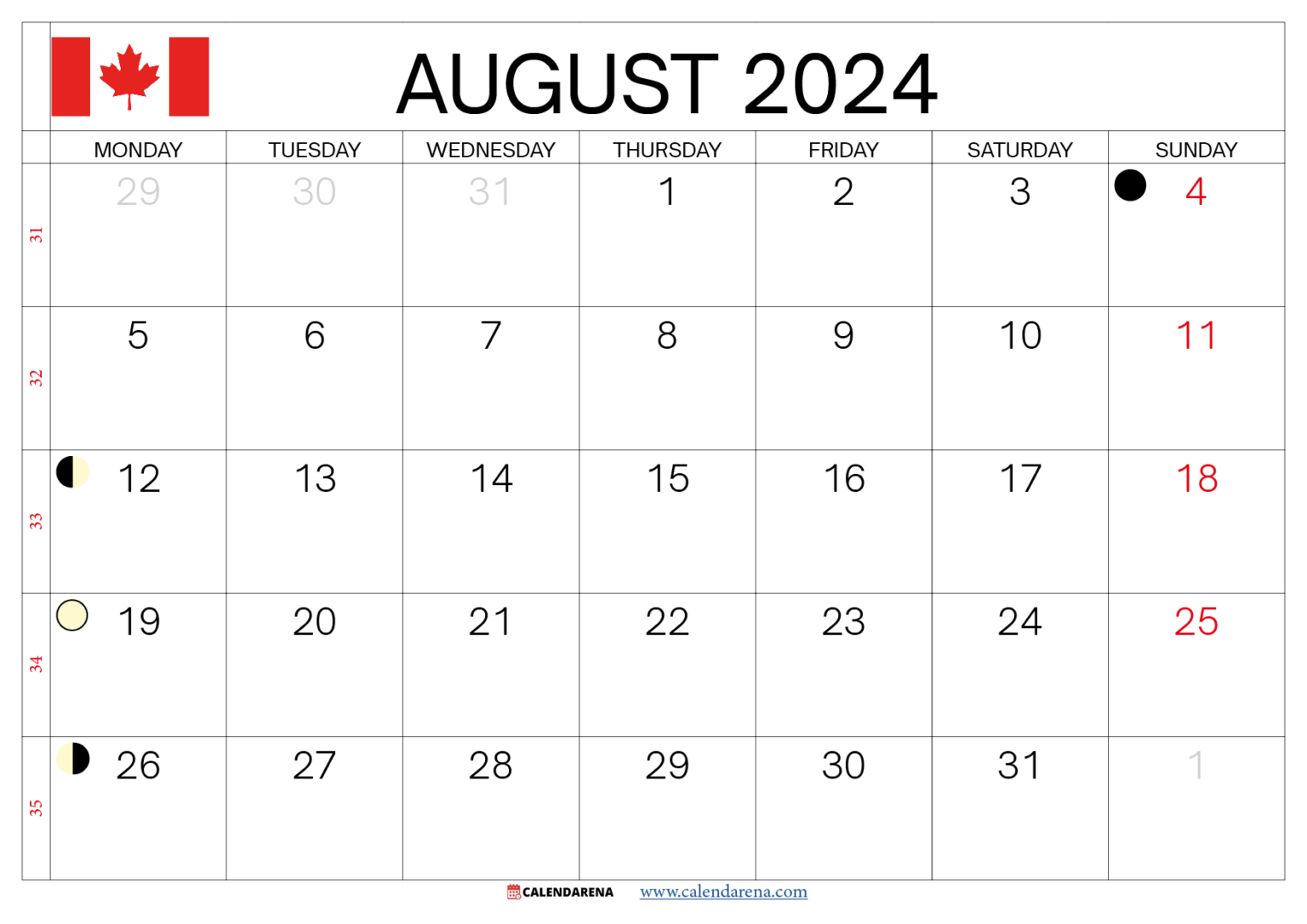 August Calendar 2025 Canada