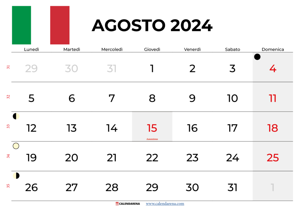 calendario agosto 2024 italia