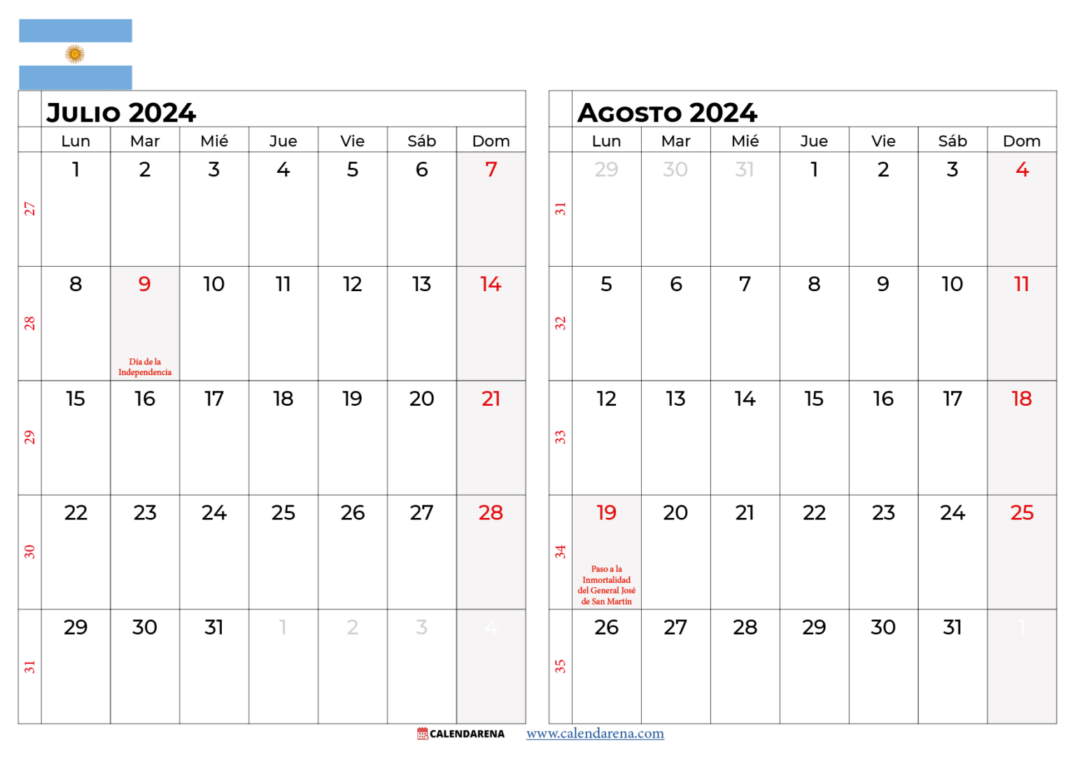 Calendario Julio 2024 Argentina