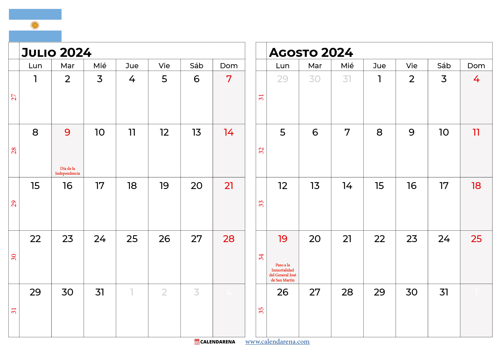 calendario de julio agosto 2024 argentina