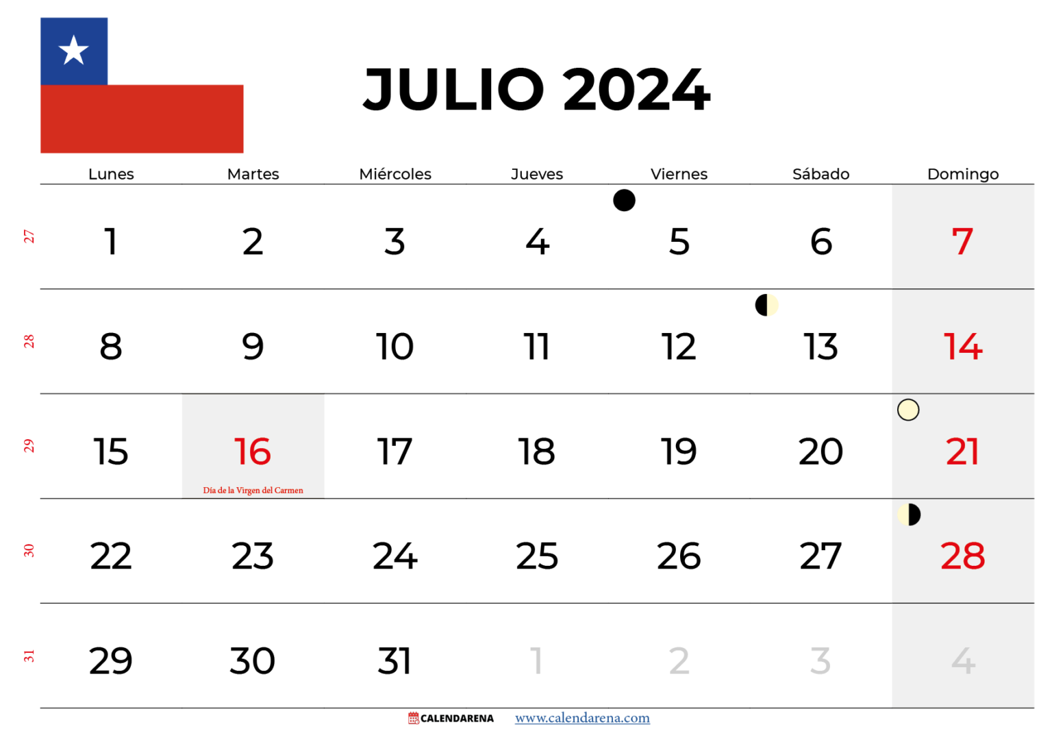 Calendario Julio 2024 Chile Para Imprimir