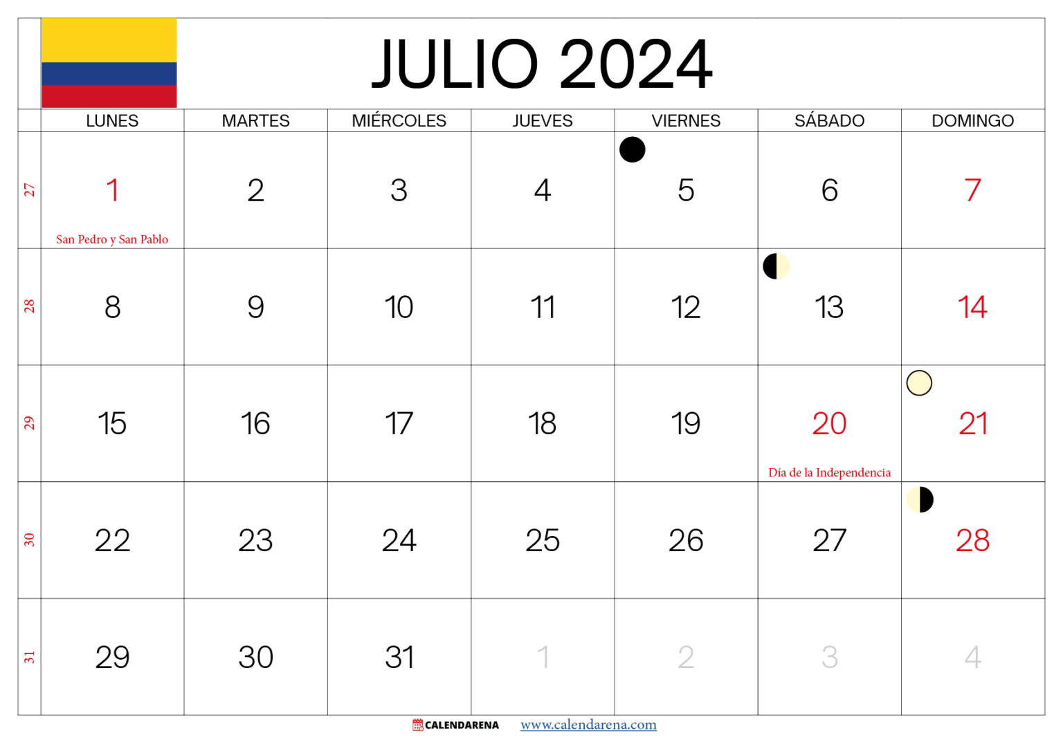 Calendario Julio 2024 Colombia Para Imprimir