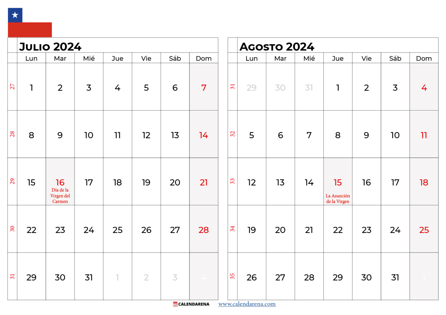 Calendario Julio 2024 Chile Para Imprimir