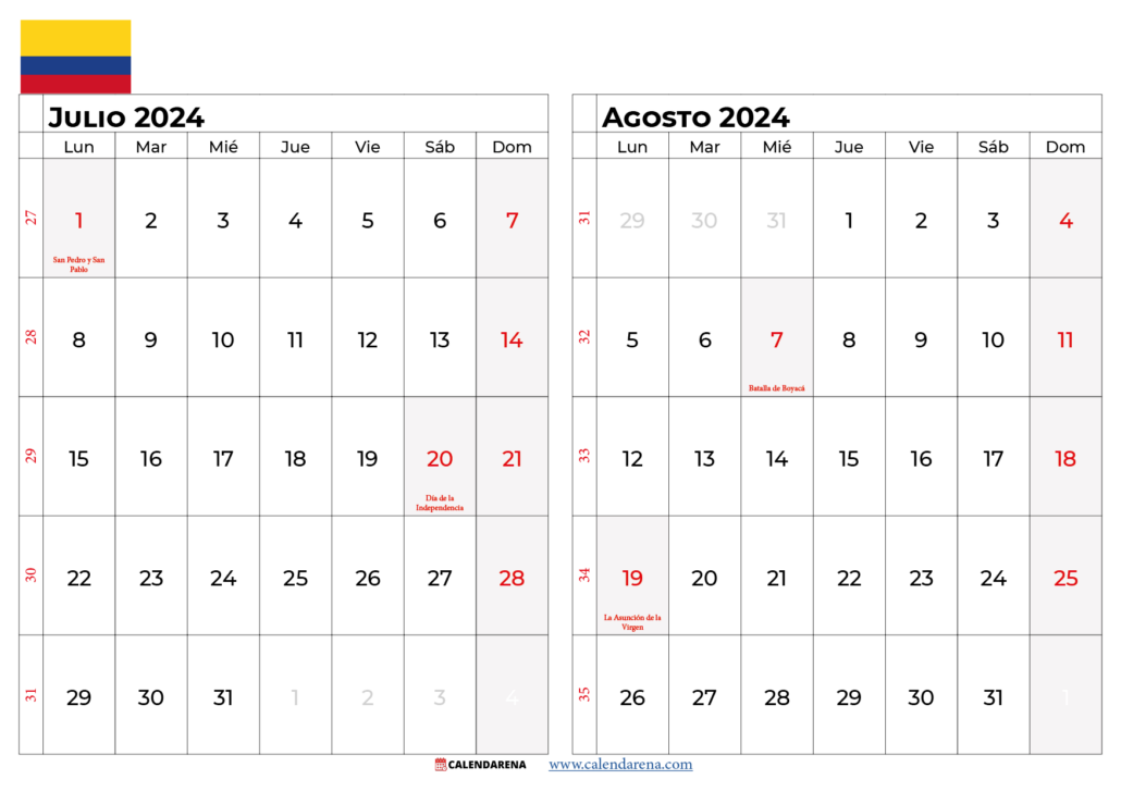 Calendario Julio 2024 Colombia Para Imprimir