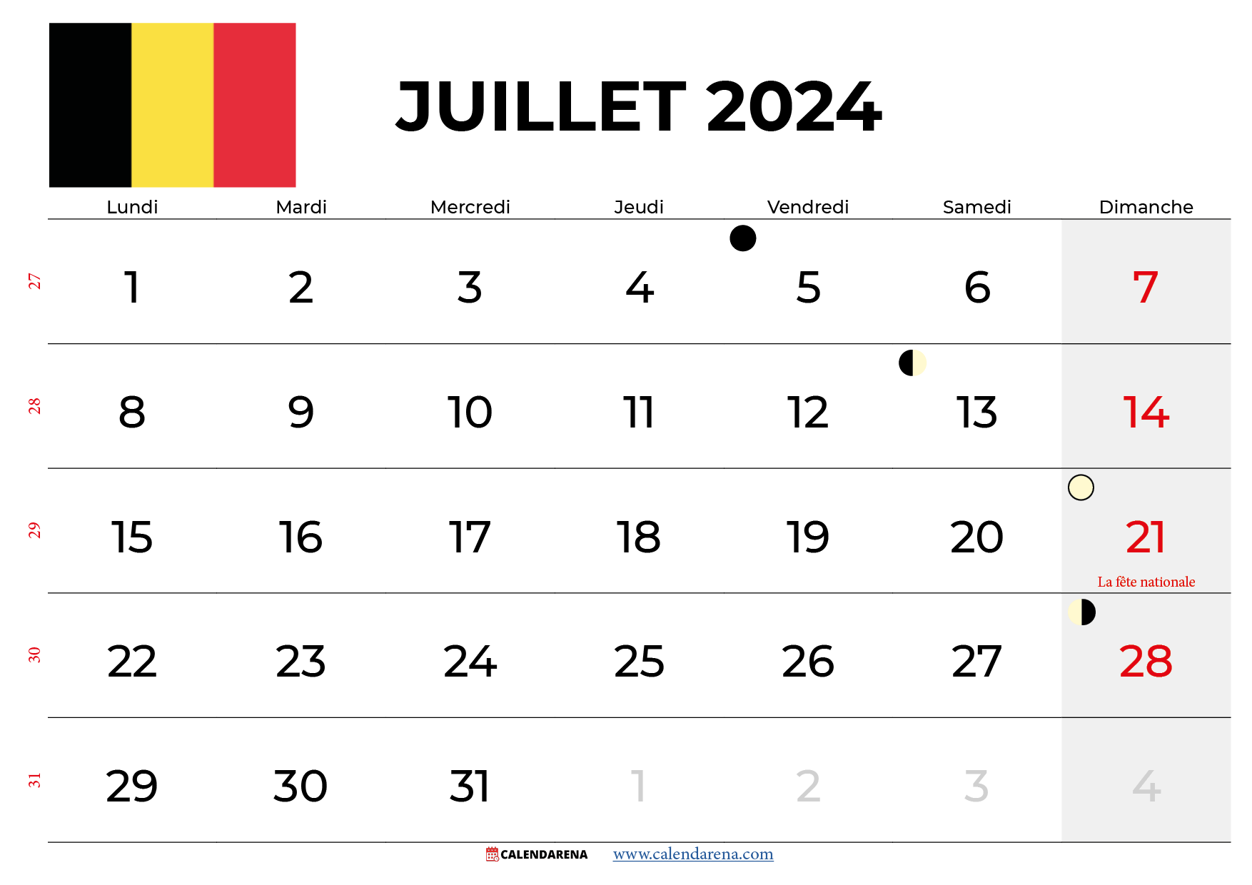 calendrier juillet 2024 Belgique