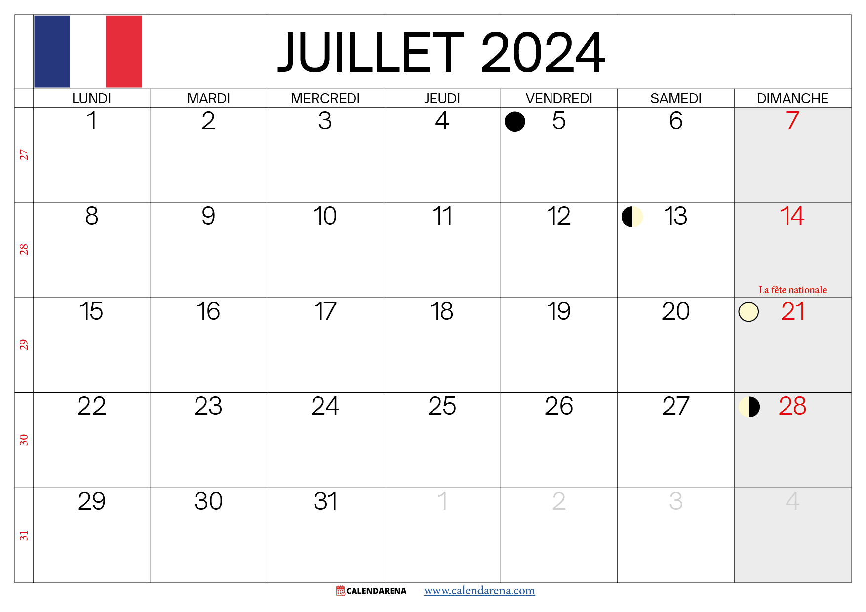 calendrier juillet 2024 à imprimer France